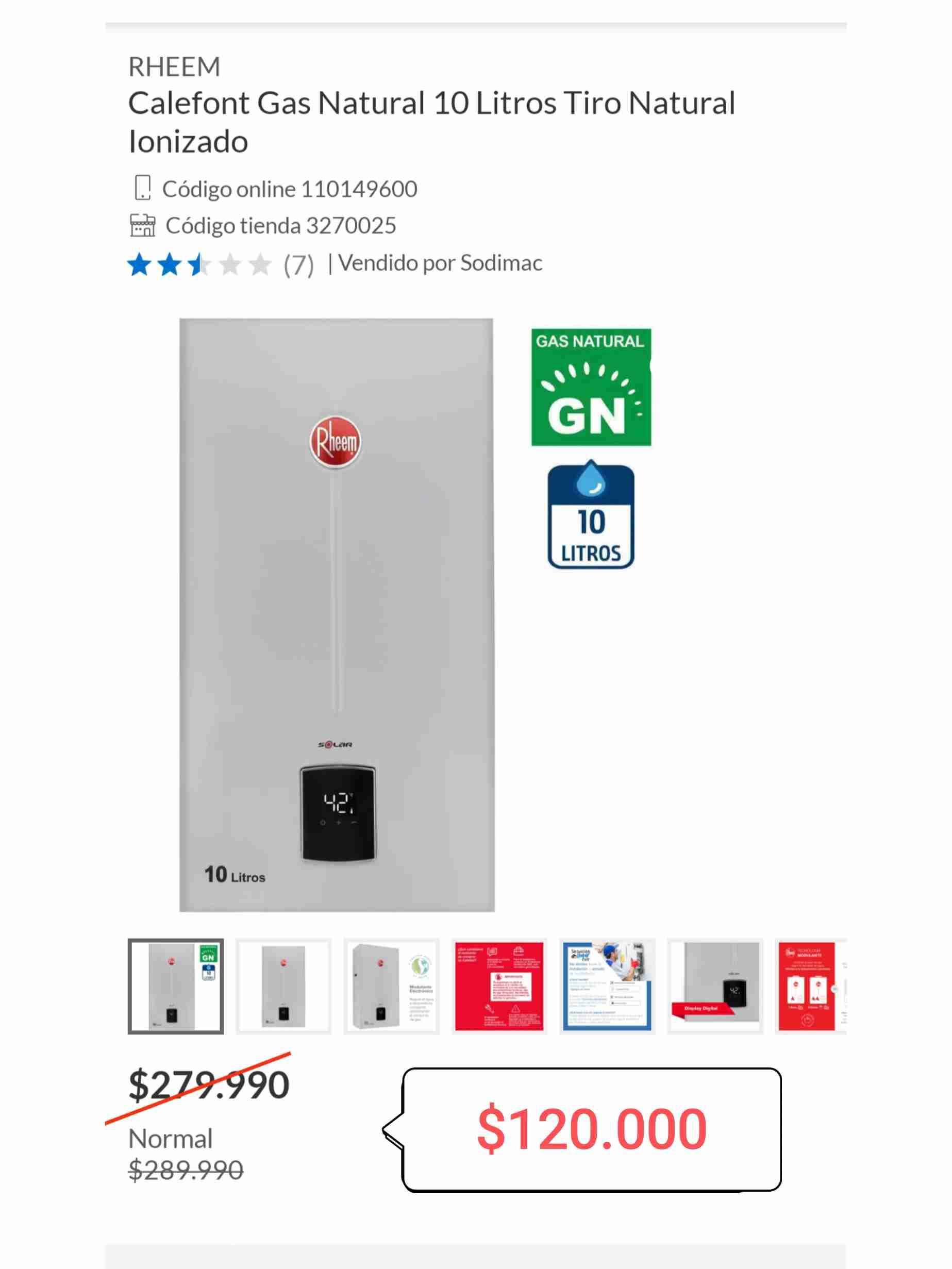 Calefont a gas natural Rheem 10 litros