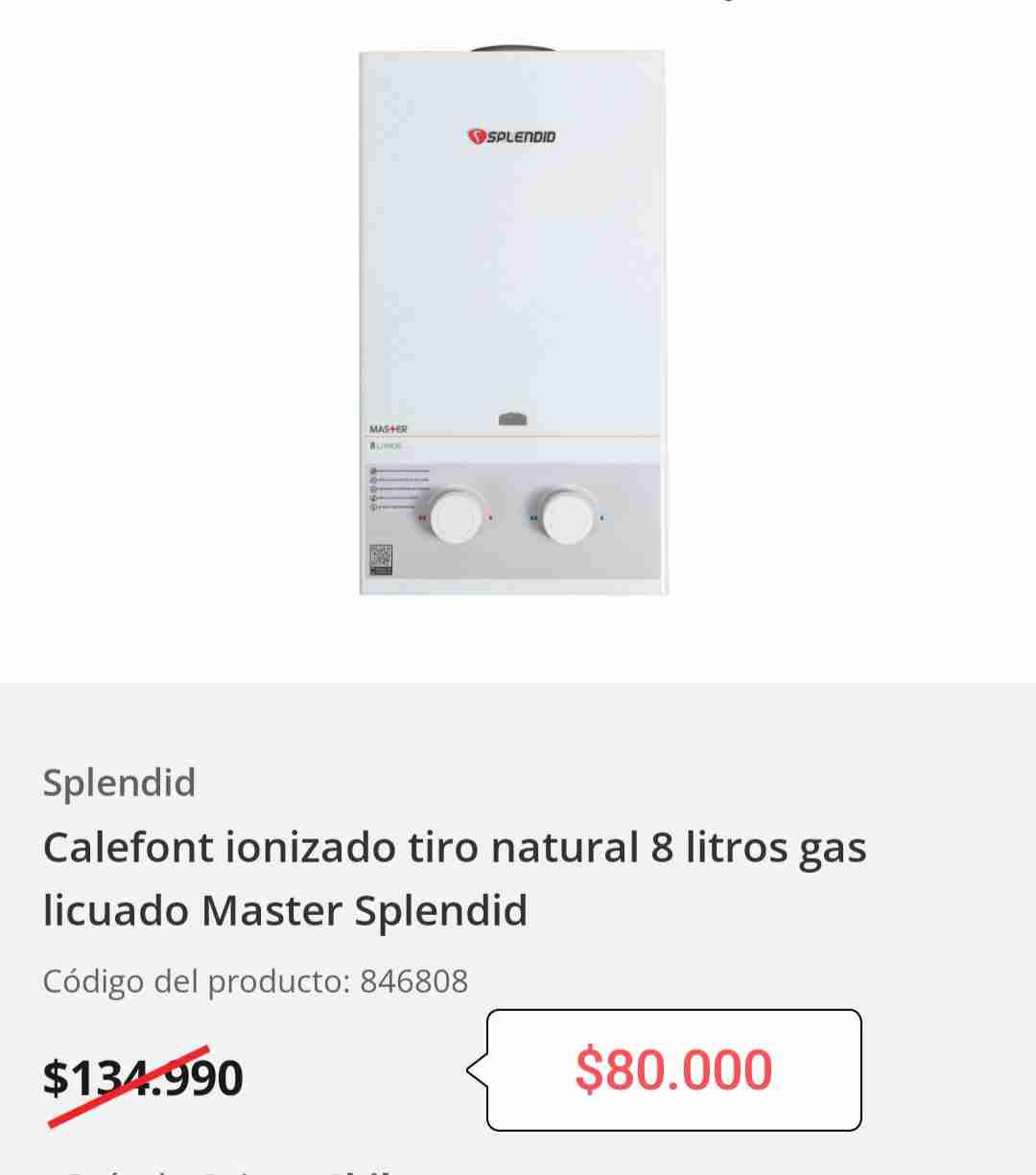 Calefont splendid gas licuado ionizado 8 litros