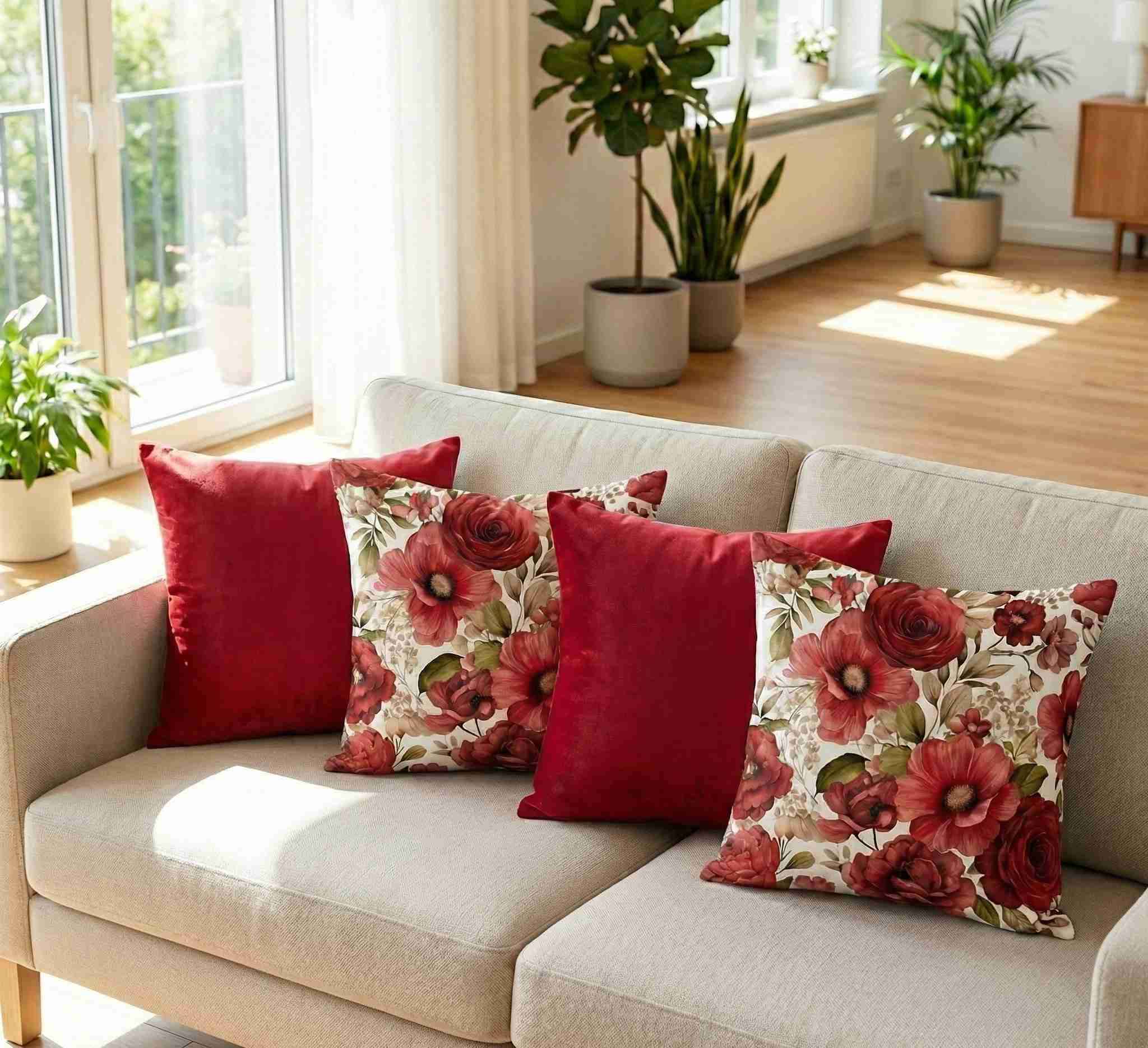 Cojines decorativos rojos y florales