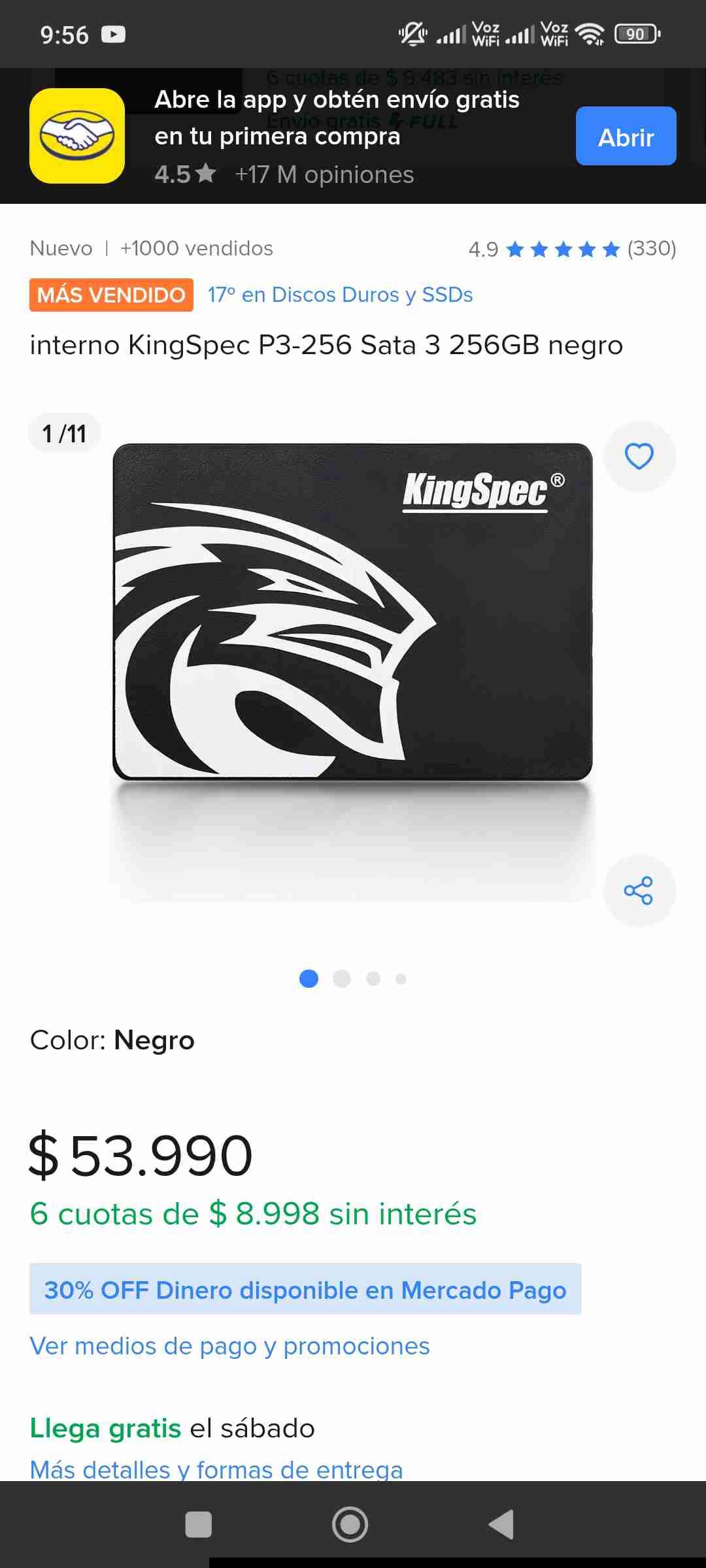 SSD KingSpec 256GB negro