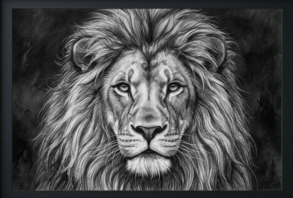 Cuadro hiperrealista de león en blanco y negro.
