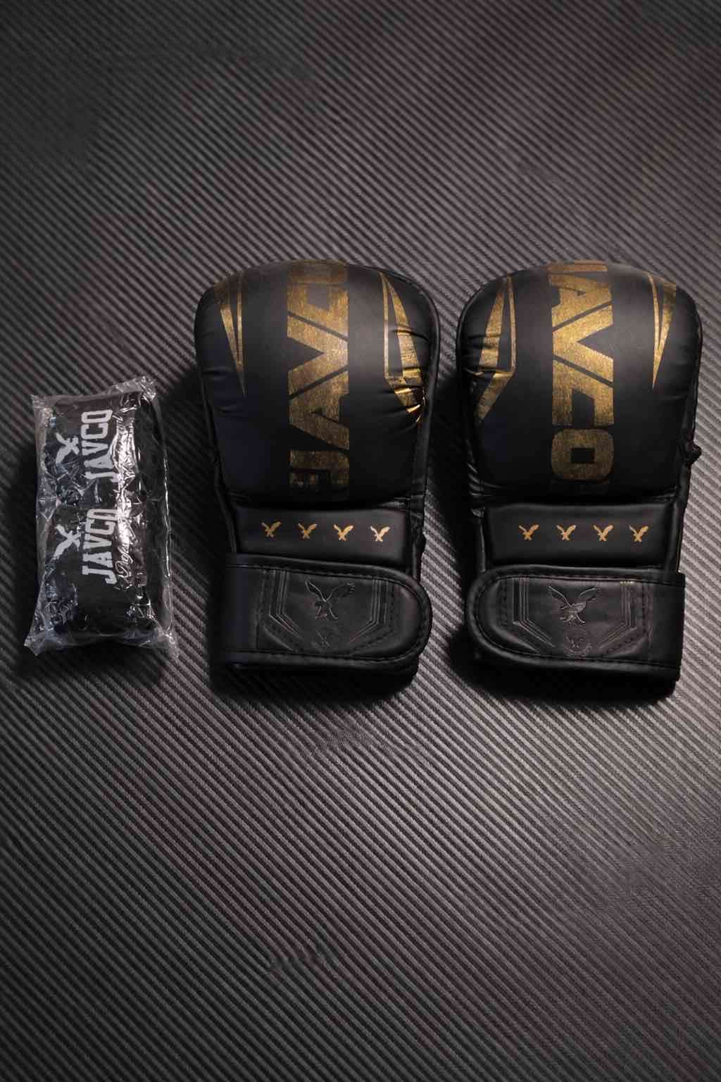 Guantes MMA Javco + Vendas — Negro/Dorado TALLA L