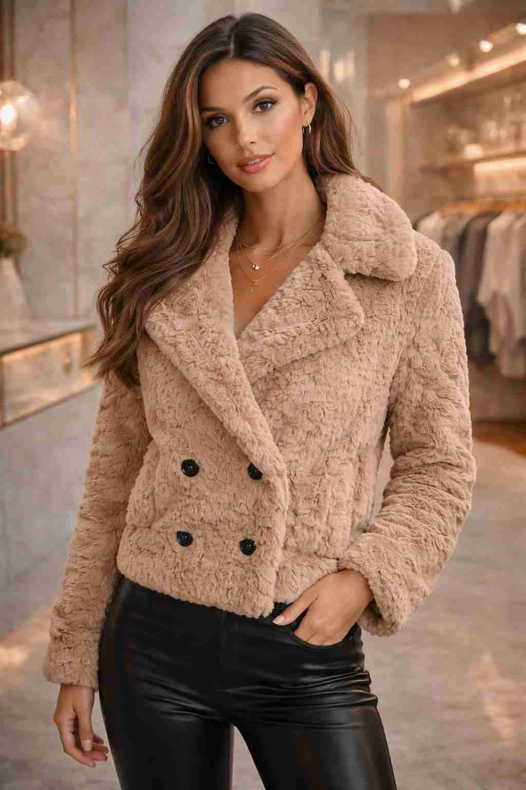 Abrigo peludo beige para mujer y pantalón ecocuero