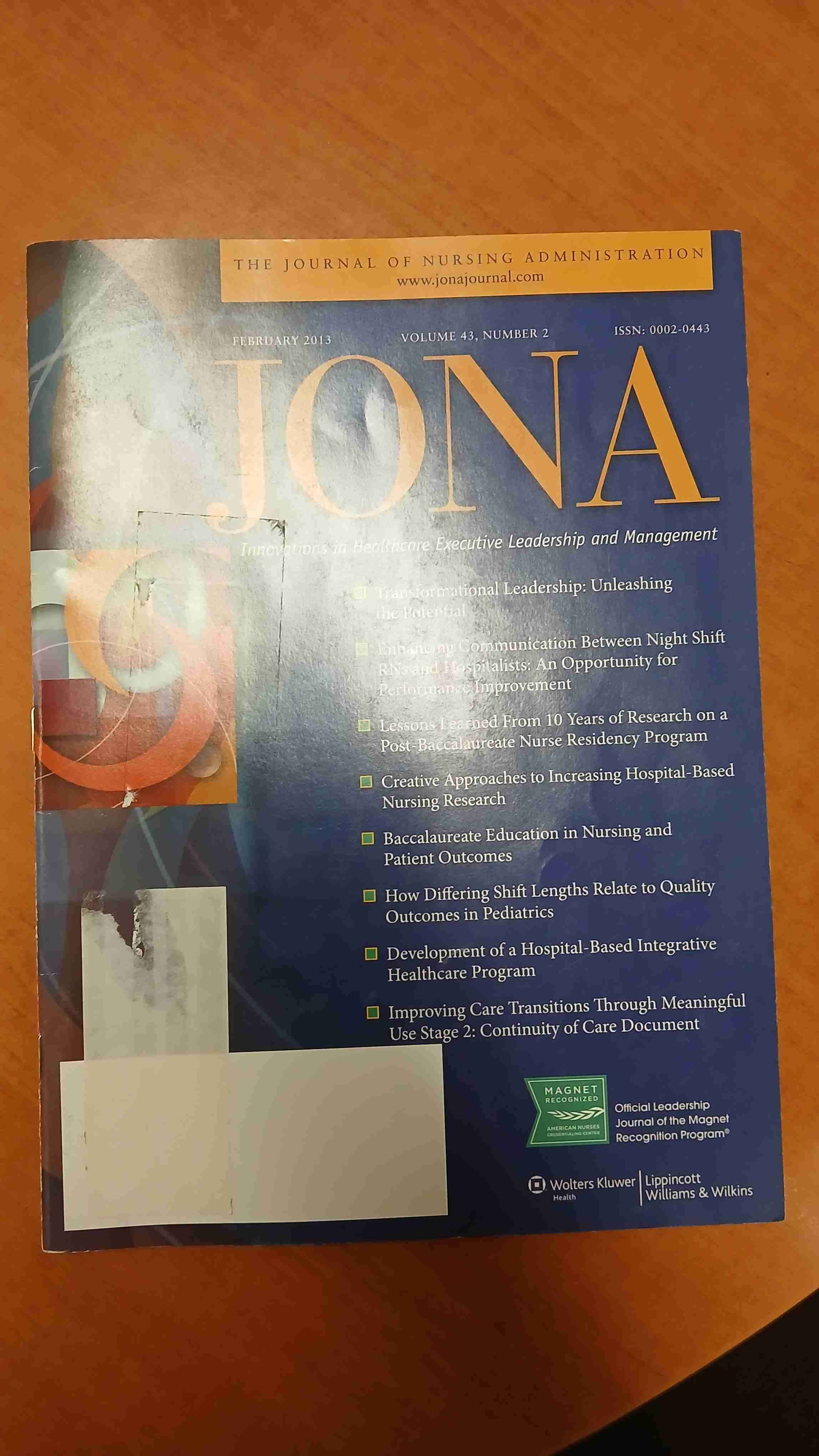 Revista The Journal of Nursing Administration 2013