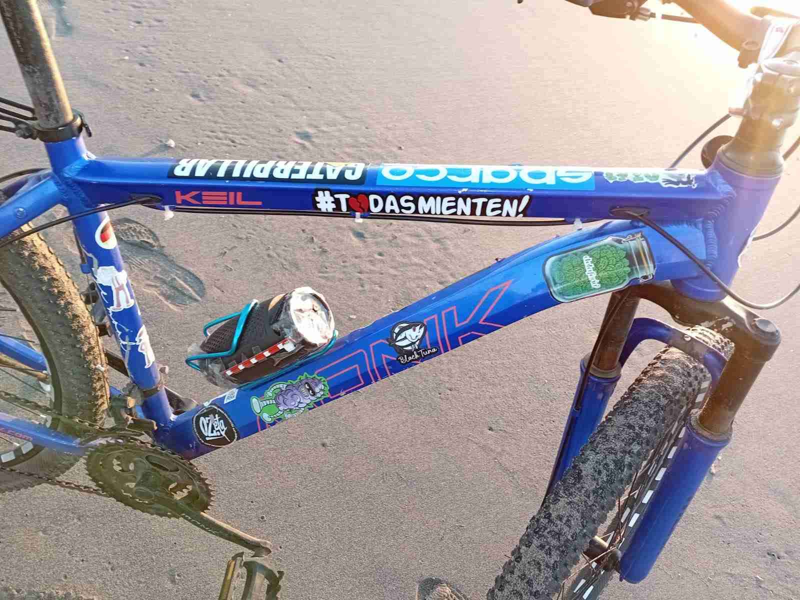 Bicicleta MTB azul con calcomanías
