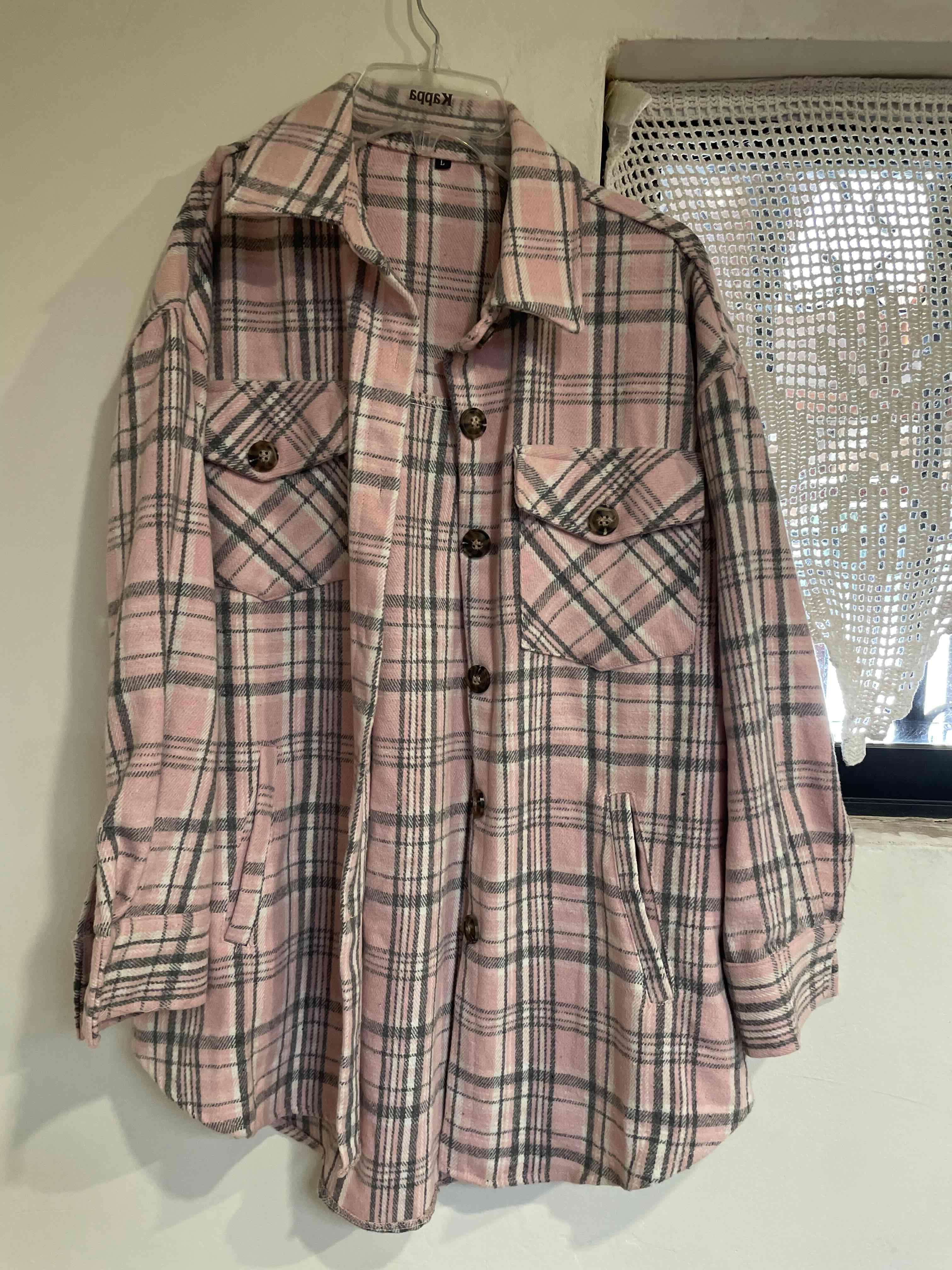 Chaqueta o sobre camisa de cuadros rosa y gris - miniatura 4