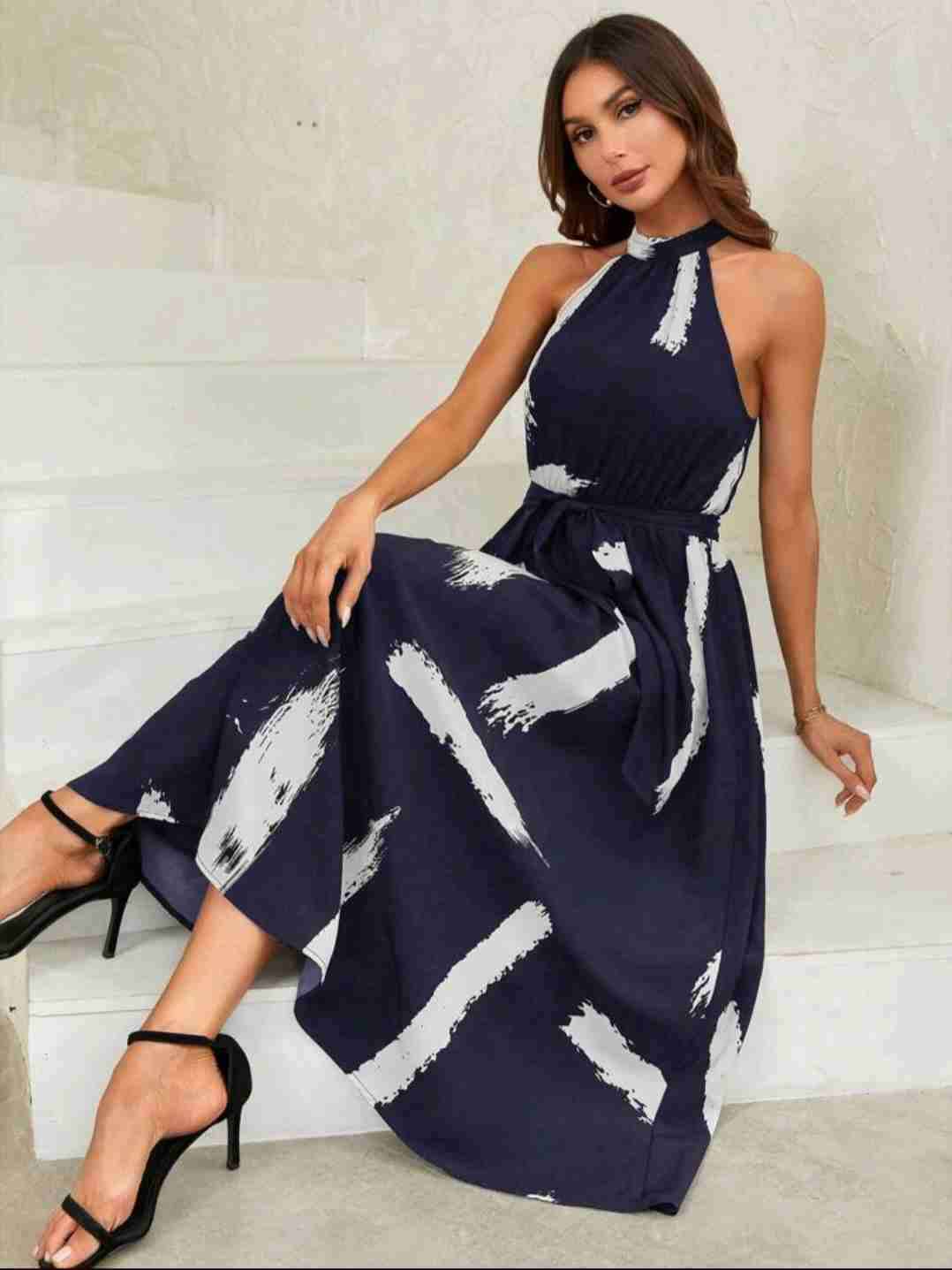 Vestido largo azul estampado - miniatura 1