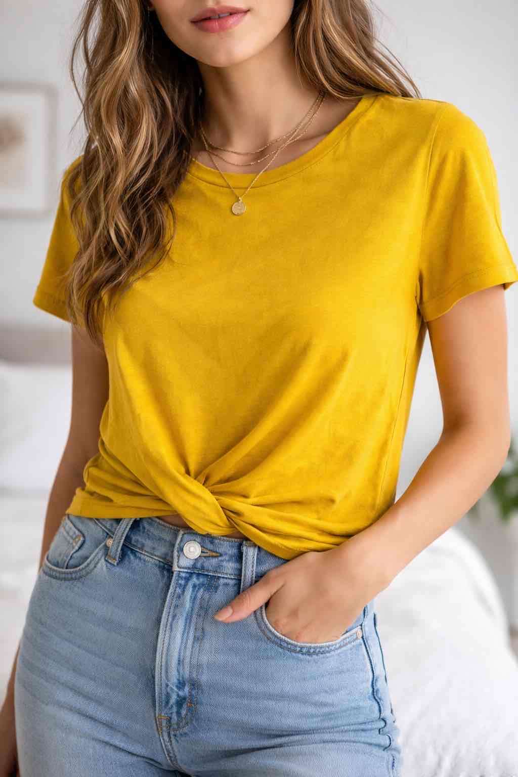 Polera color mostaza de algodón Zara talla S - miniatura 4