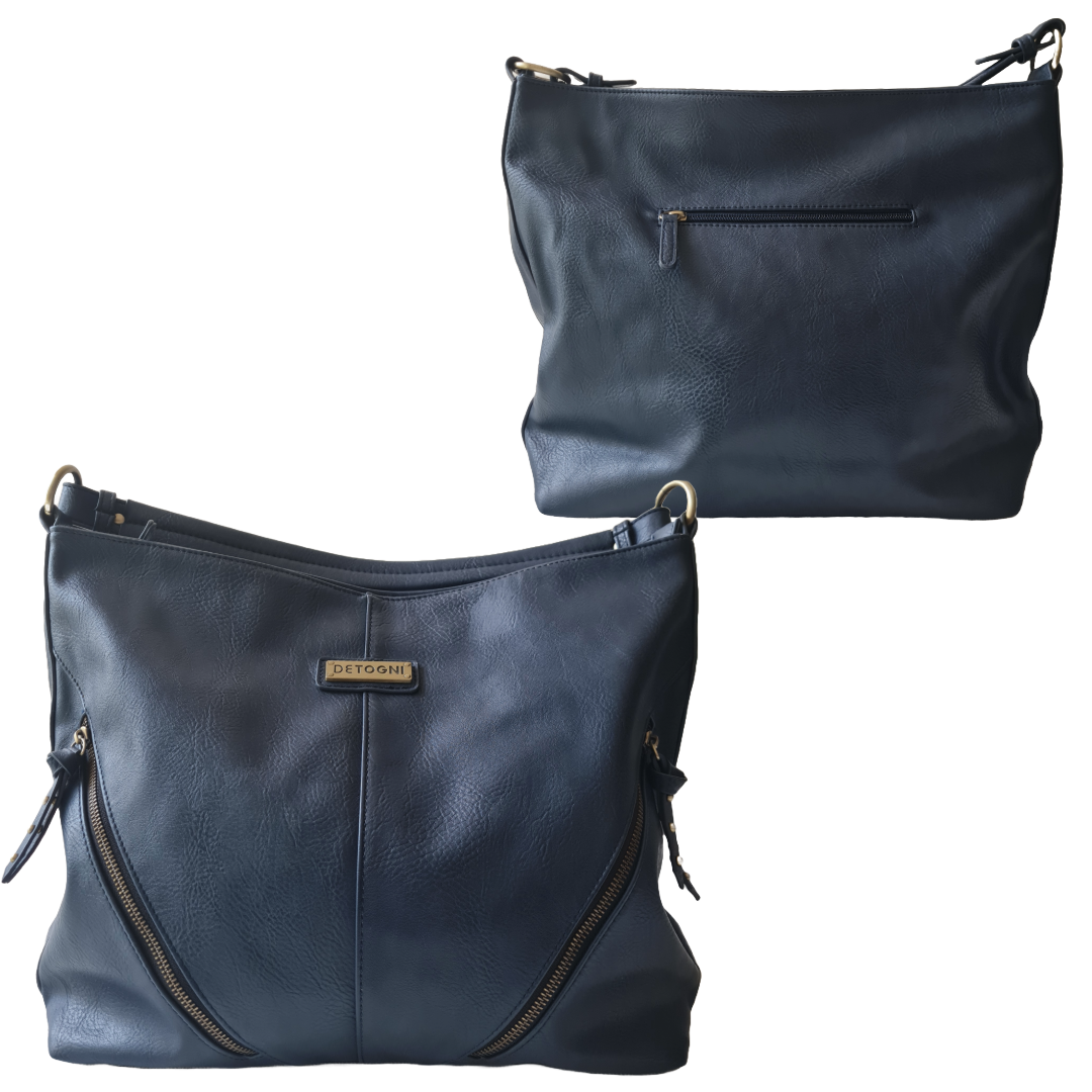 Cartera amplia azul oscuro con cremalleras Detogni - miniatura 2