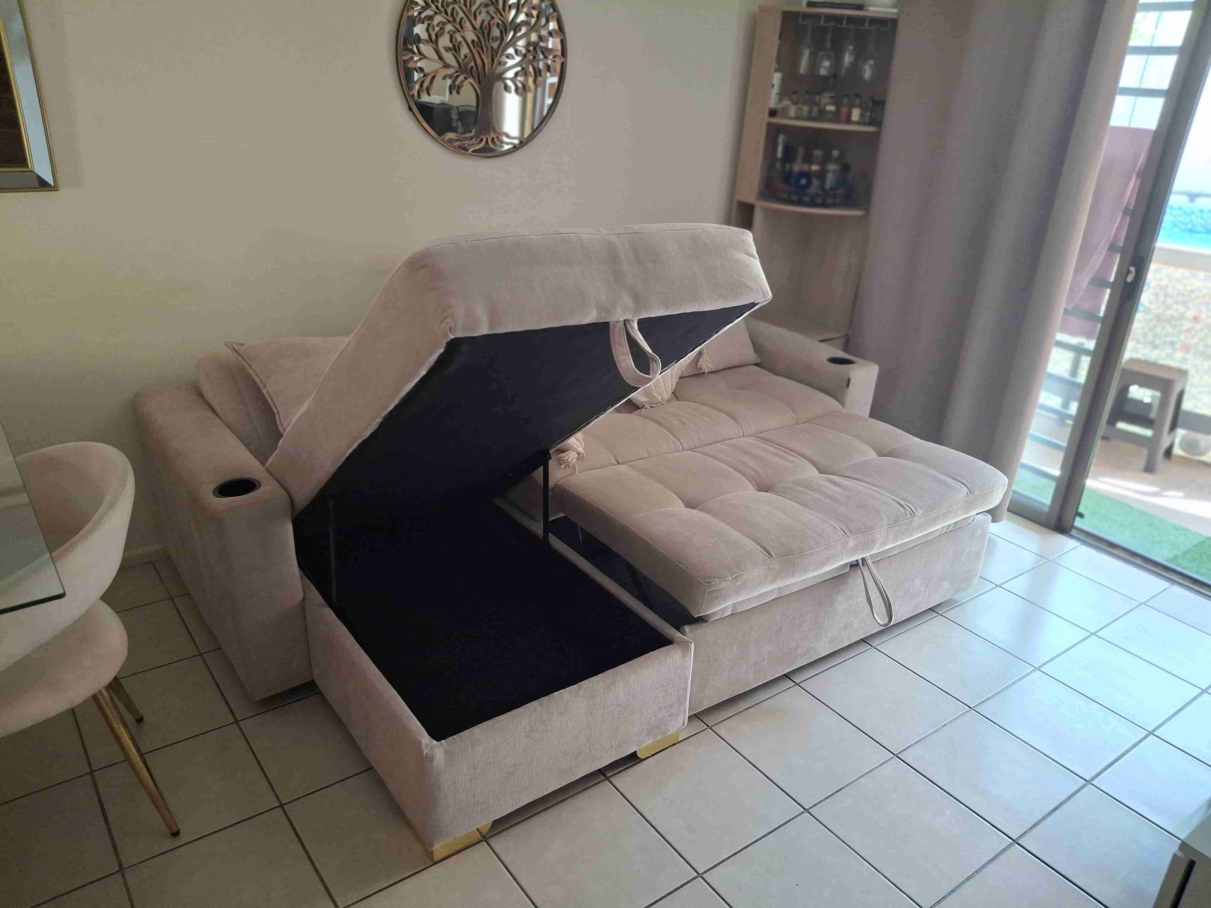 Sofá cama seccional beige tela impermeabilizada - miniatura 2