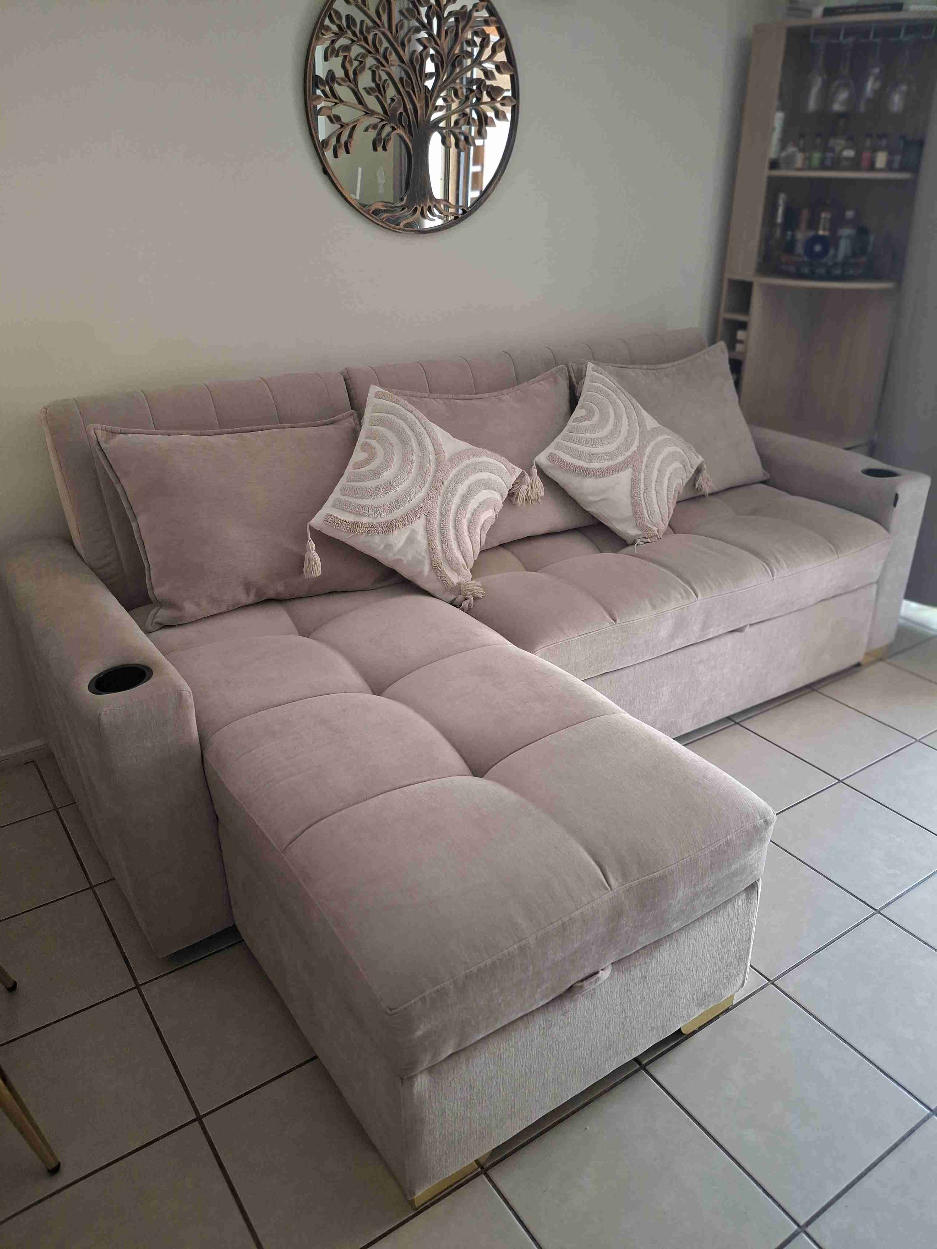 Sofá cama seccional beige tela impermeabilizada - miniatura 3