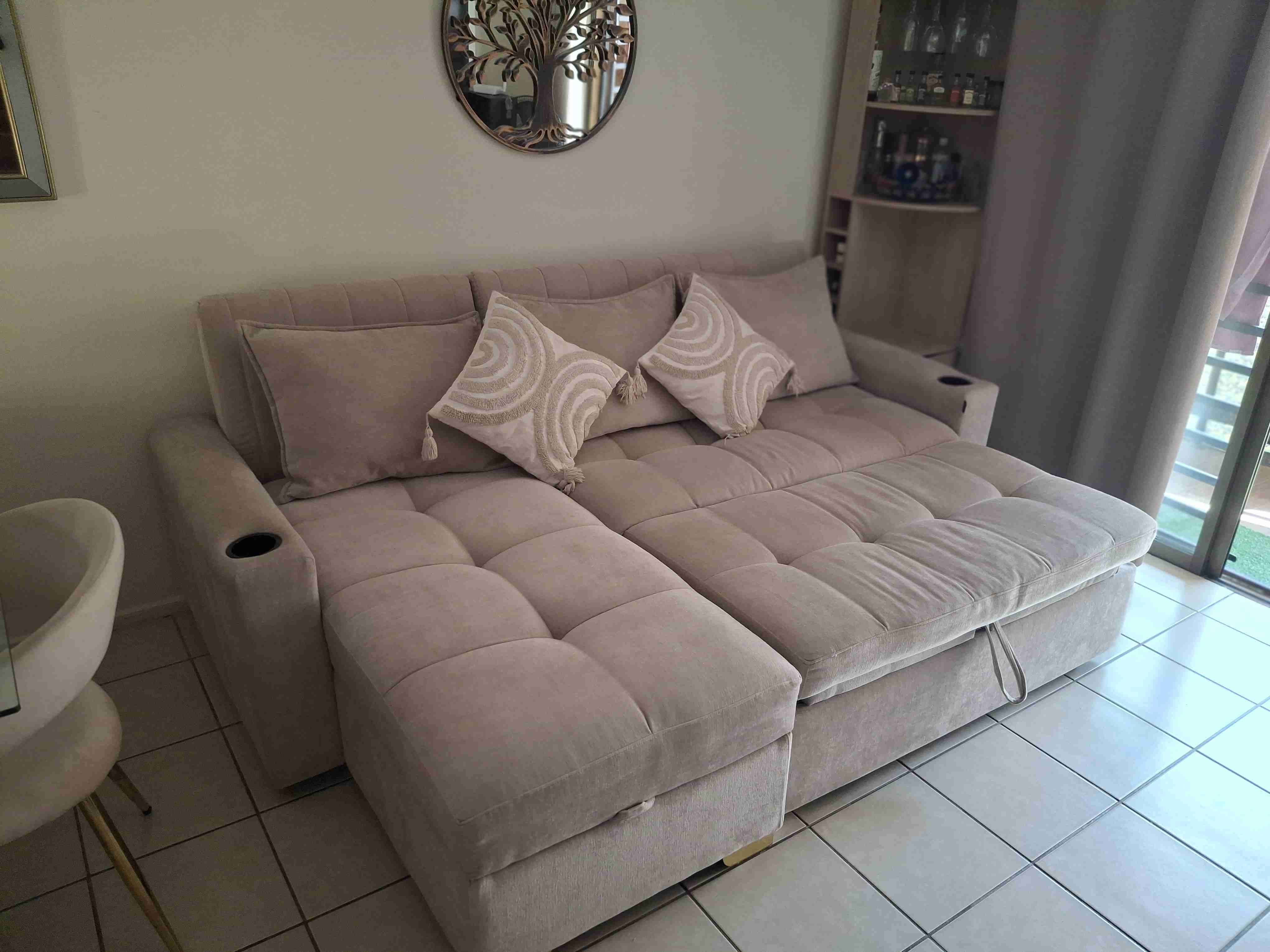 Sofá cama seccional beige tela impermeabilizada - miniatura 5