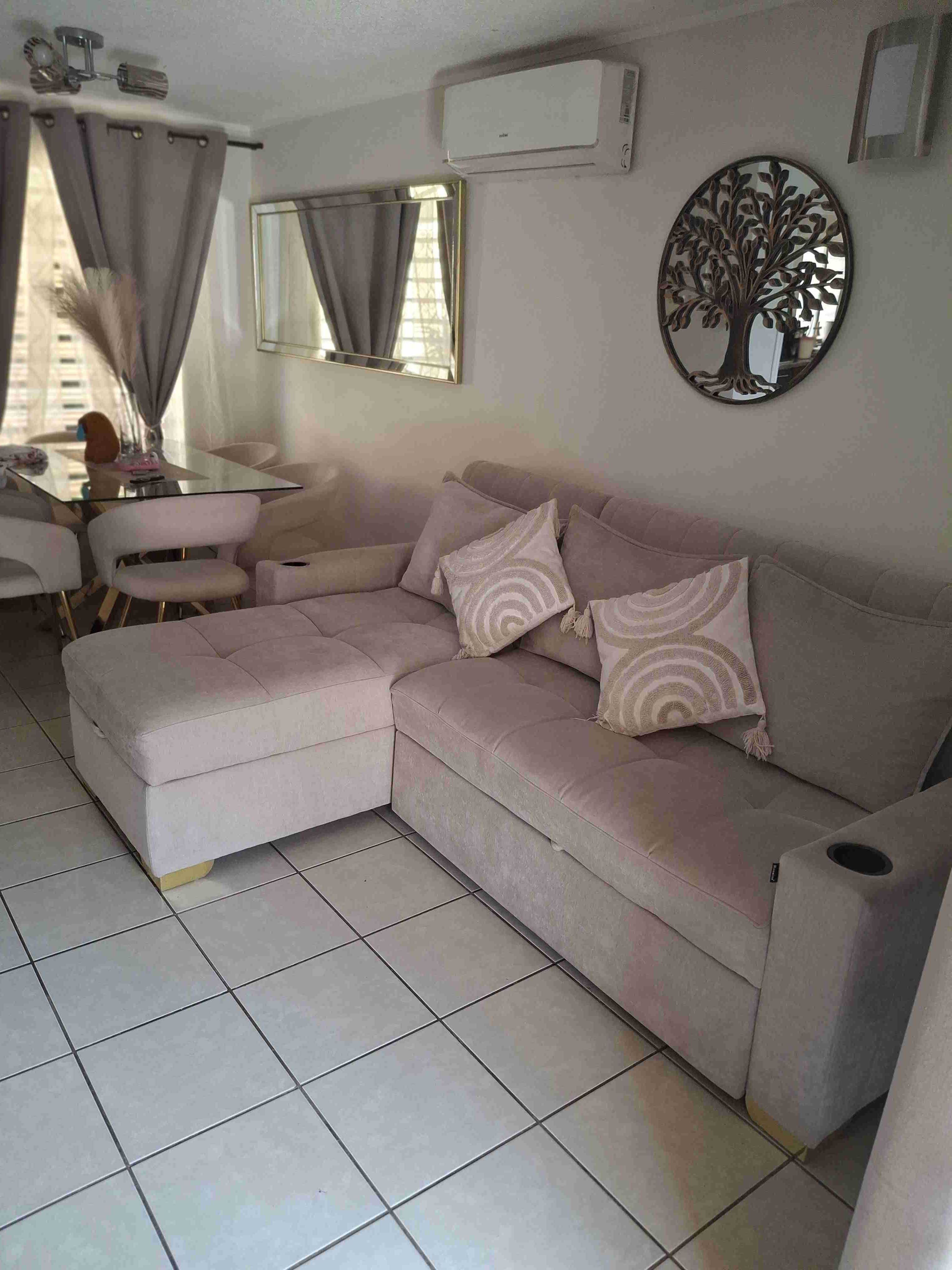 Sofá cama seccional beige tela impermeabilizada - miniatura 6