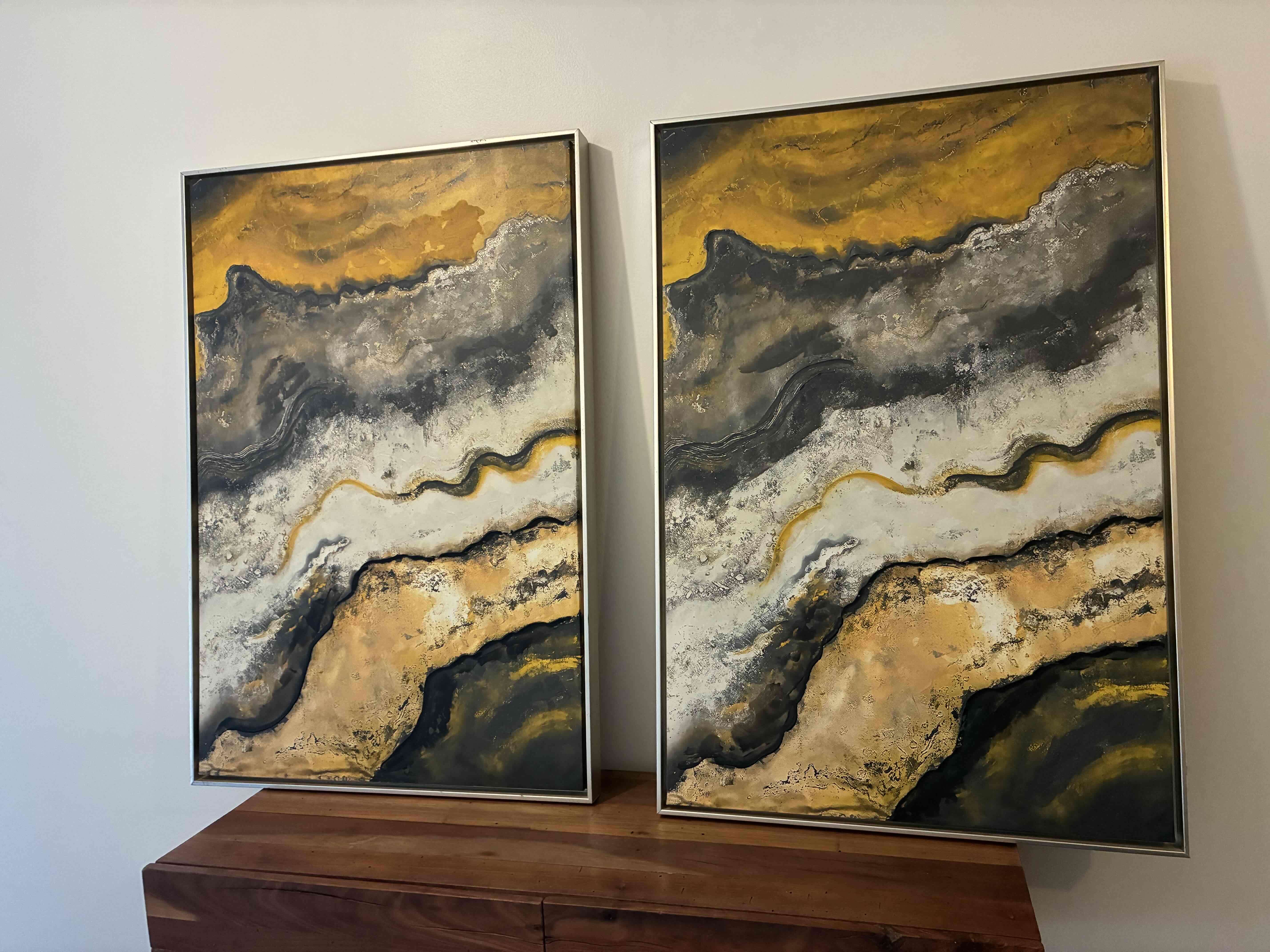 Díptico de arte abstracto dorado y negro - miniatura 1