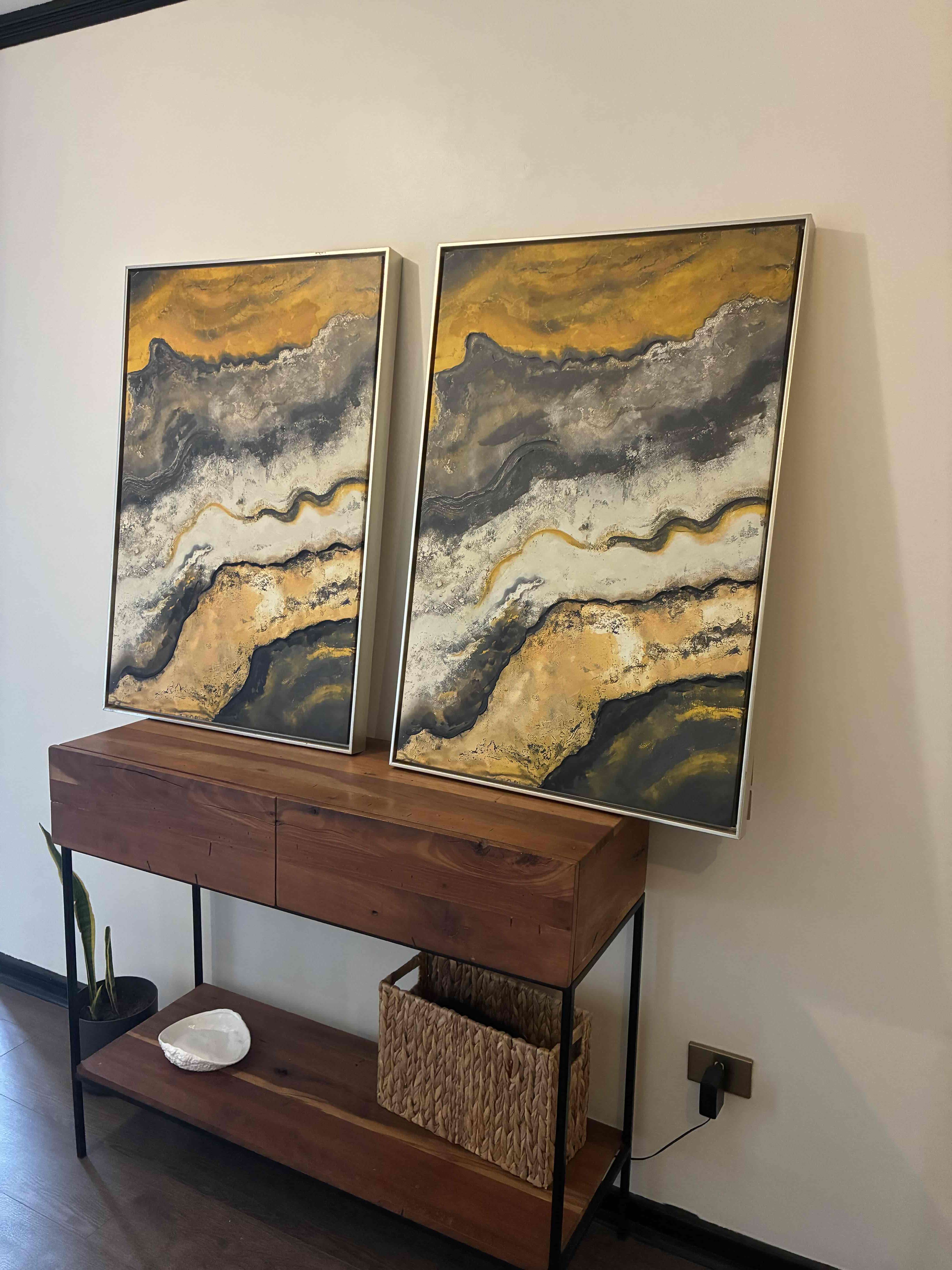 Díptico de arte abstracto dorado y negro - miniatura 2