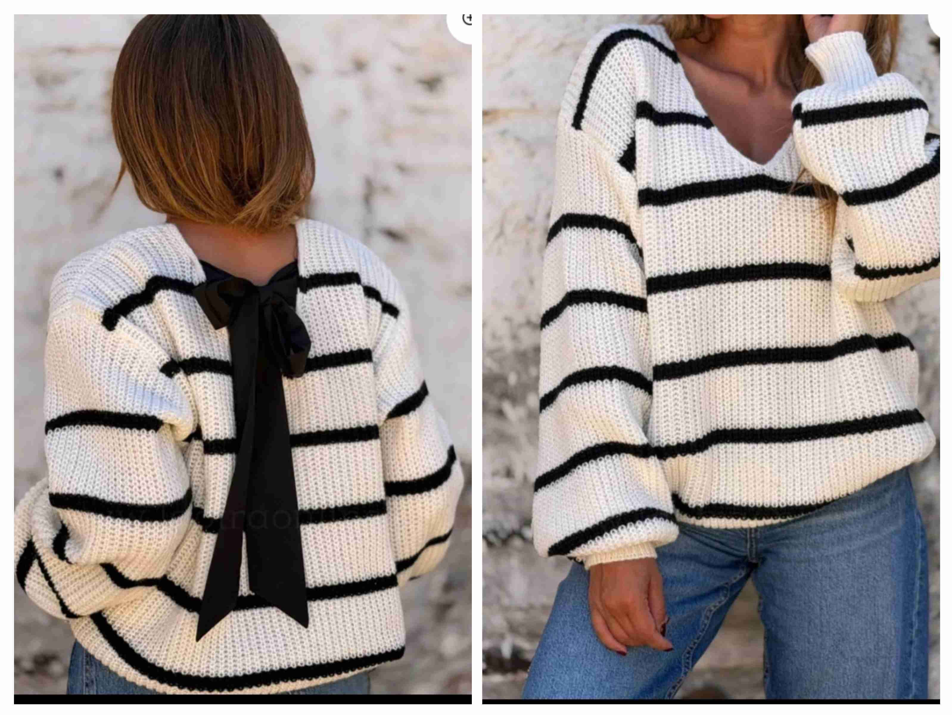 Suéter rayado negro  y blanco con lazo - miniatura 2