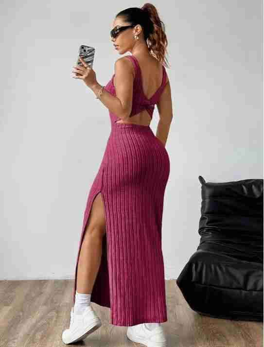 Vestido largo fucsia con abertura - miniatura 1