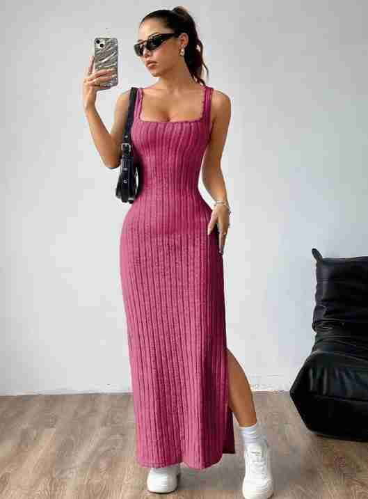 Vestido largo fucsia con abertura - miniatura 3