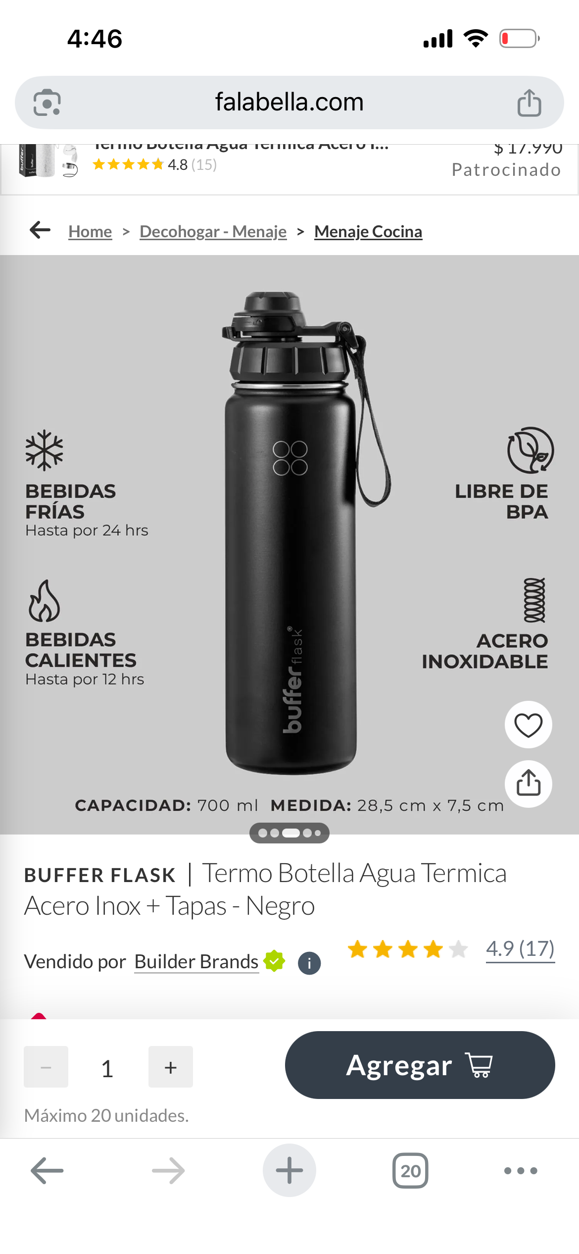 Botella térmica Buffer negra - miniatura 4