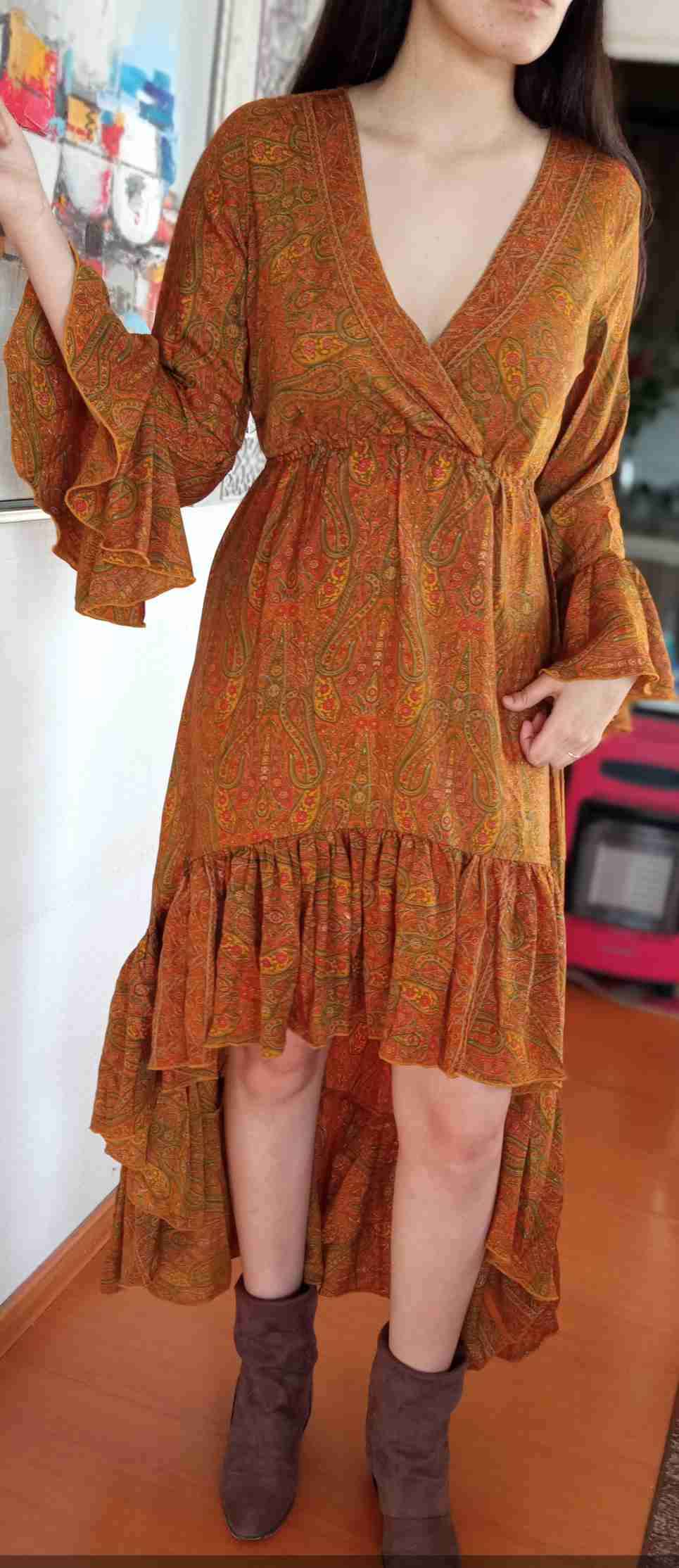 Vestido bohemio estampado marrón - miniatura 1