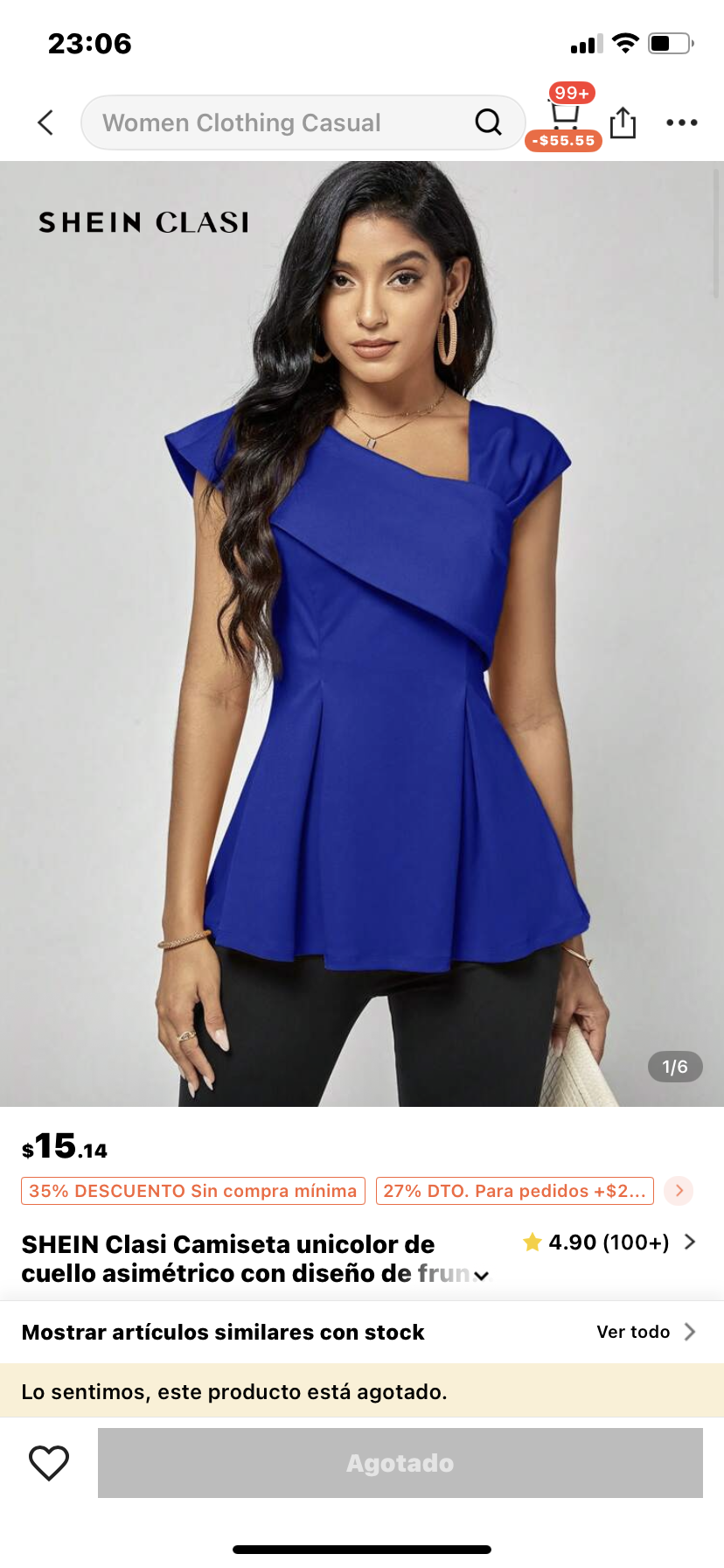 Blusa azul peplum con cuello asimétrico - miniatura 1