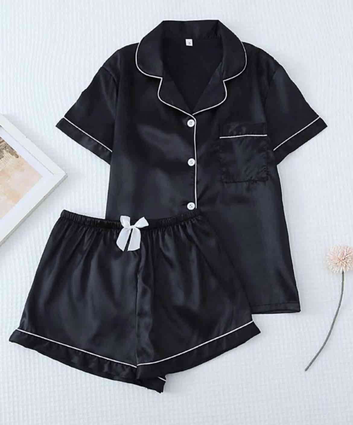 Pijama mujer negro satinado L - miniatura 1