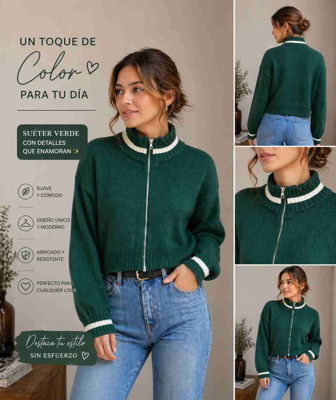 Suéter verde con cierre cuello alto | Diseño moder - miniatura 2