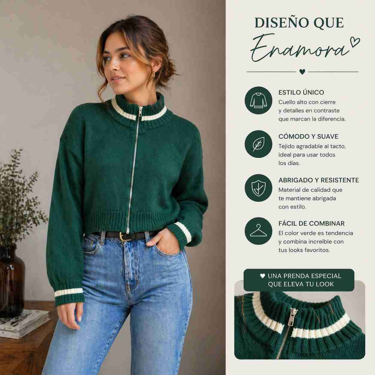 Suéter verde con cierre cuello alto | Diseño moder - miniatura 3