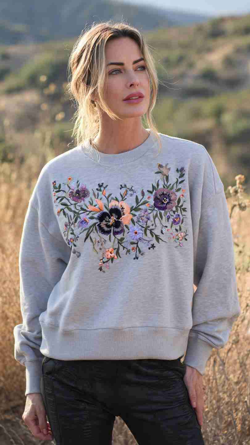 Polerón gris bordado floral