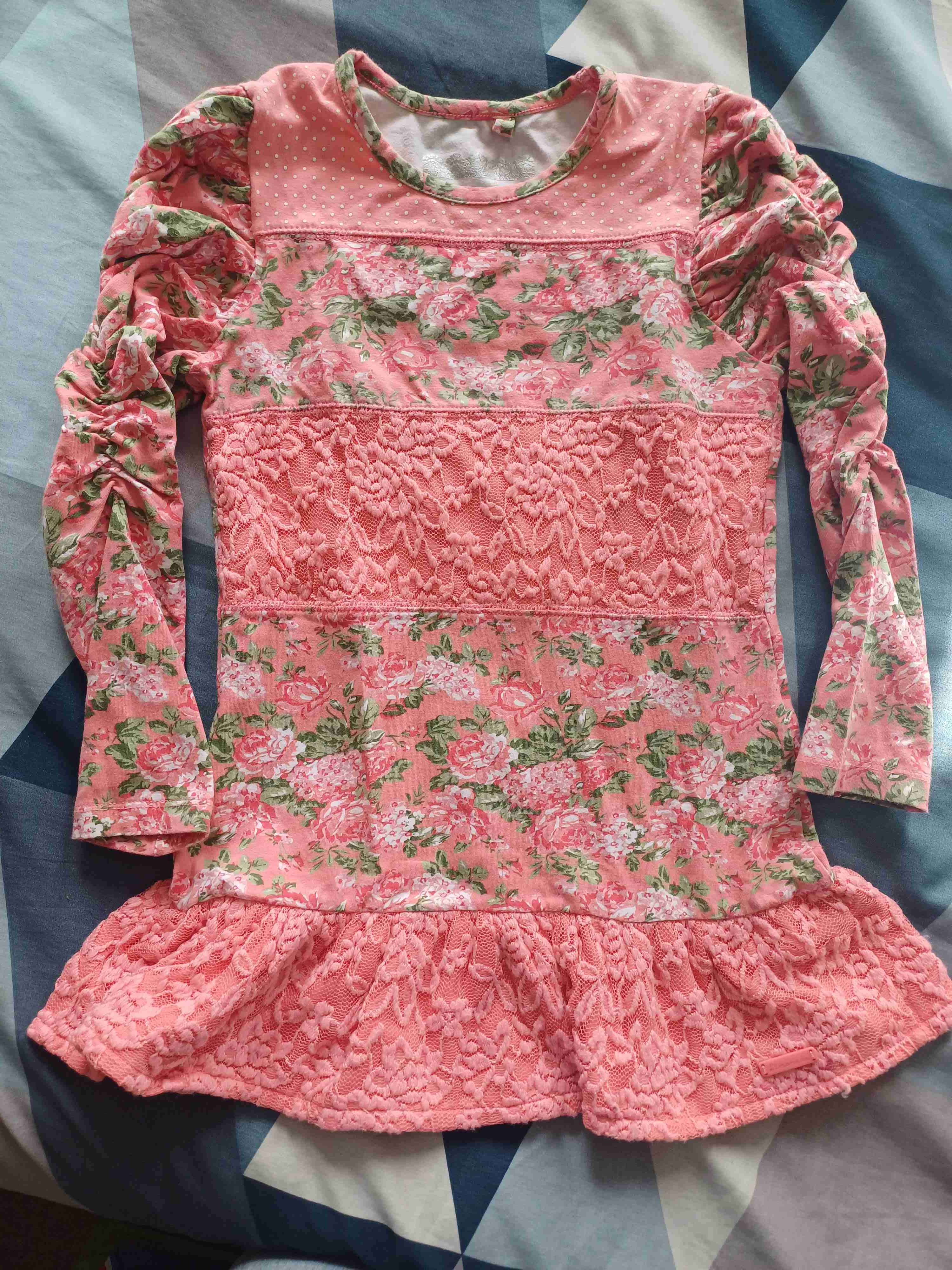 Polera larga flores rosado con encaje - miniatura 1