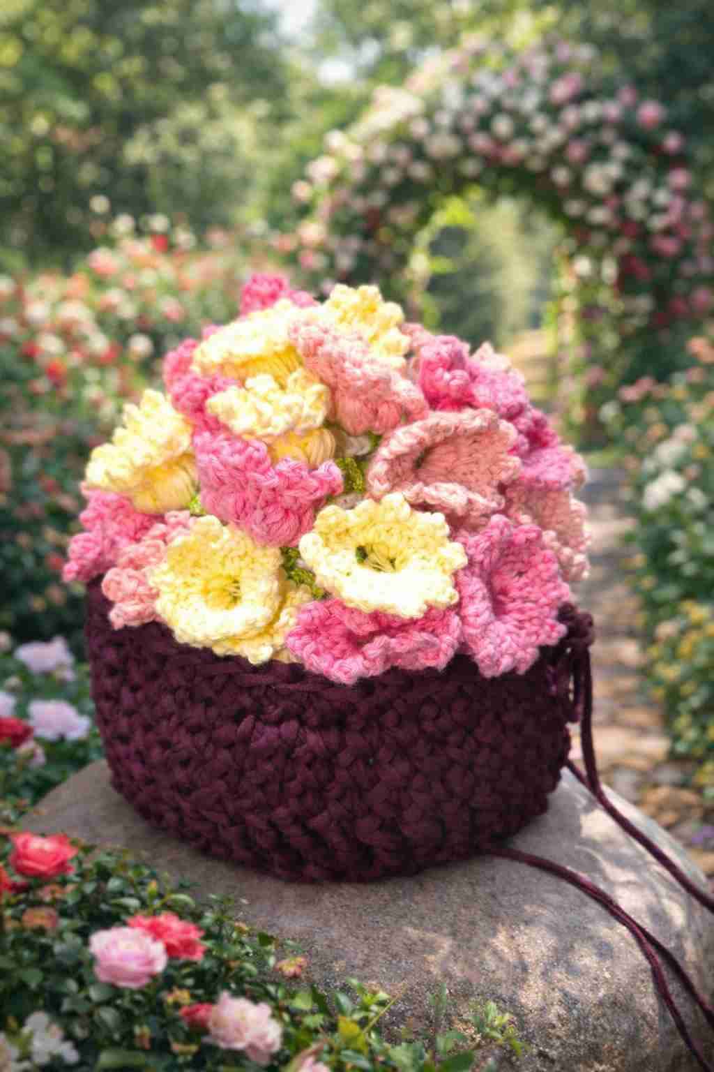 Porta vasos Ramo de flores tejidas a crochet