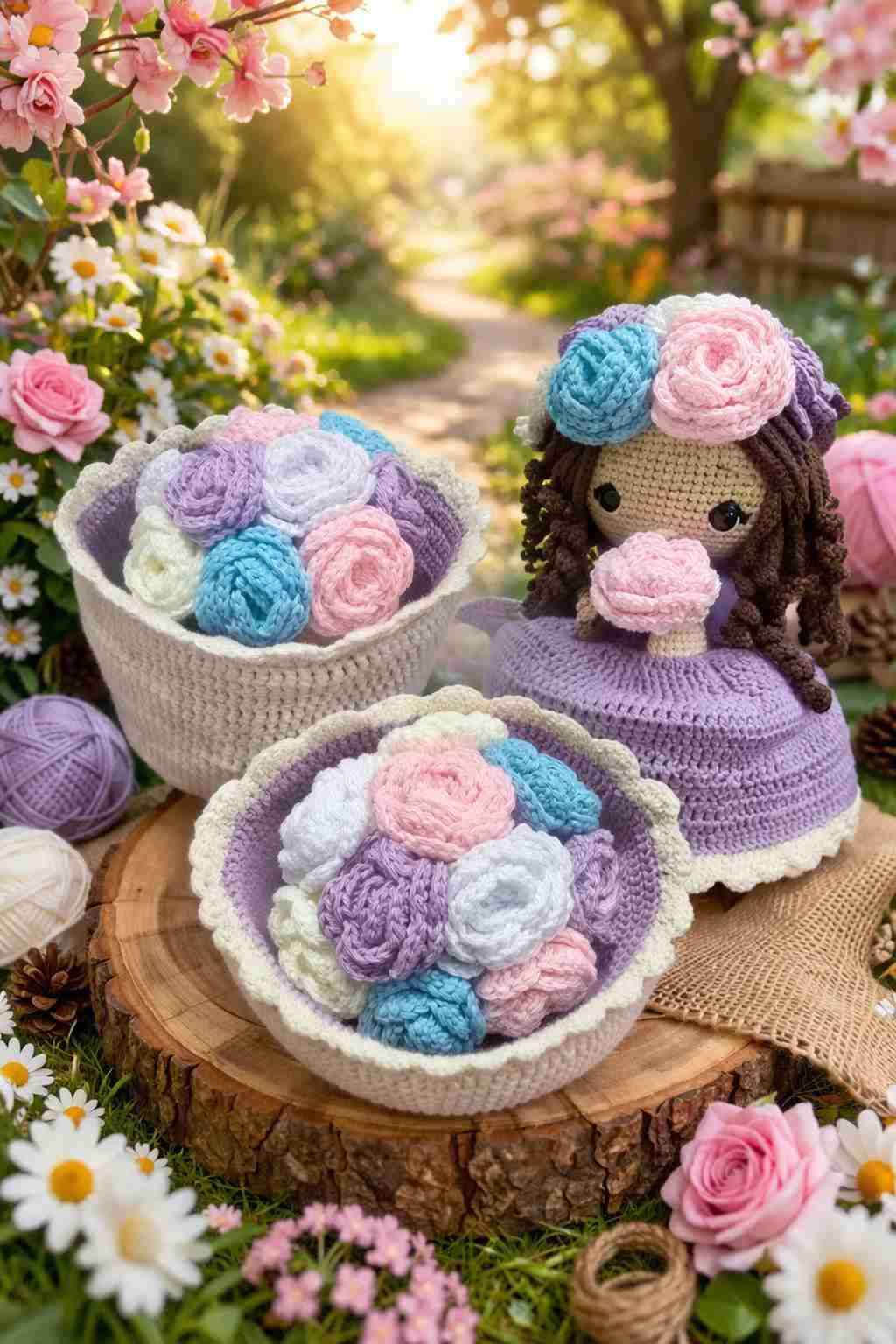 Muñeca amigurumi con flores