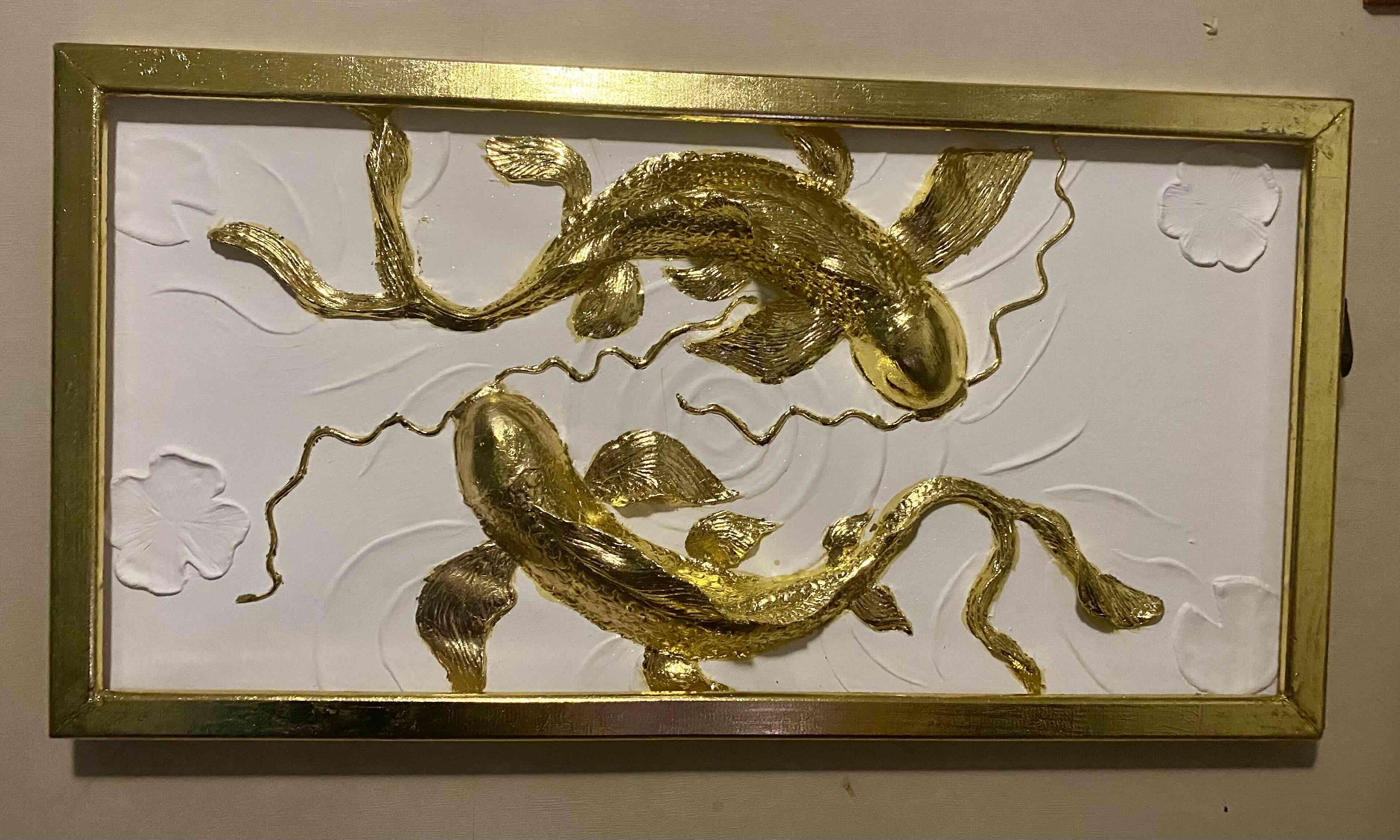 Cuadro de peces koi dorados 3D con marco de luz