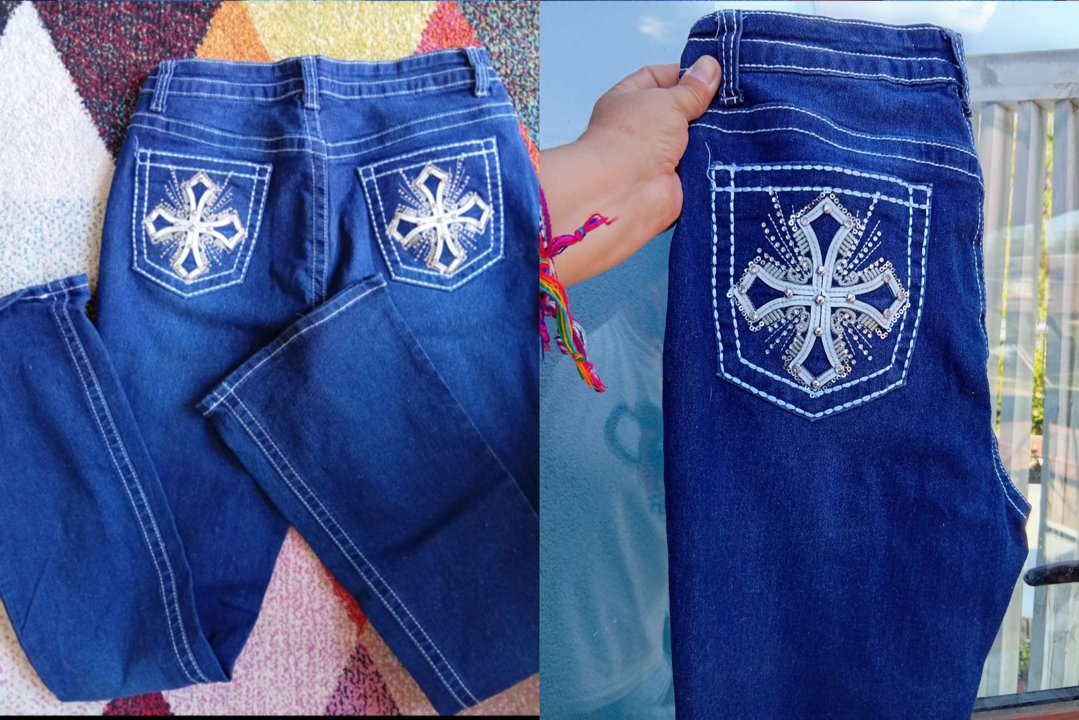 Jeans azules con diseño cruz