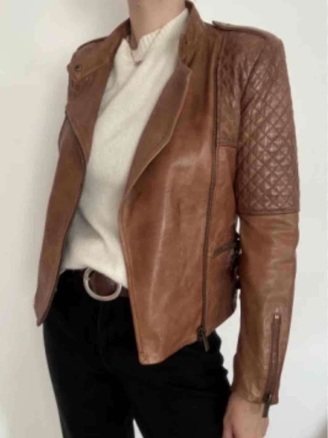 Chaqueta de cuero marrón ajustable - miniatura 6