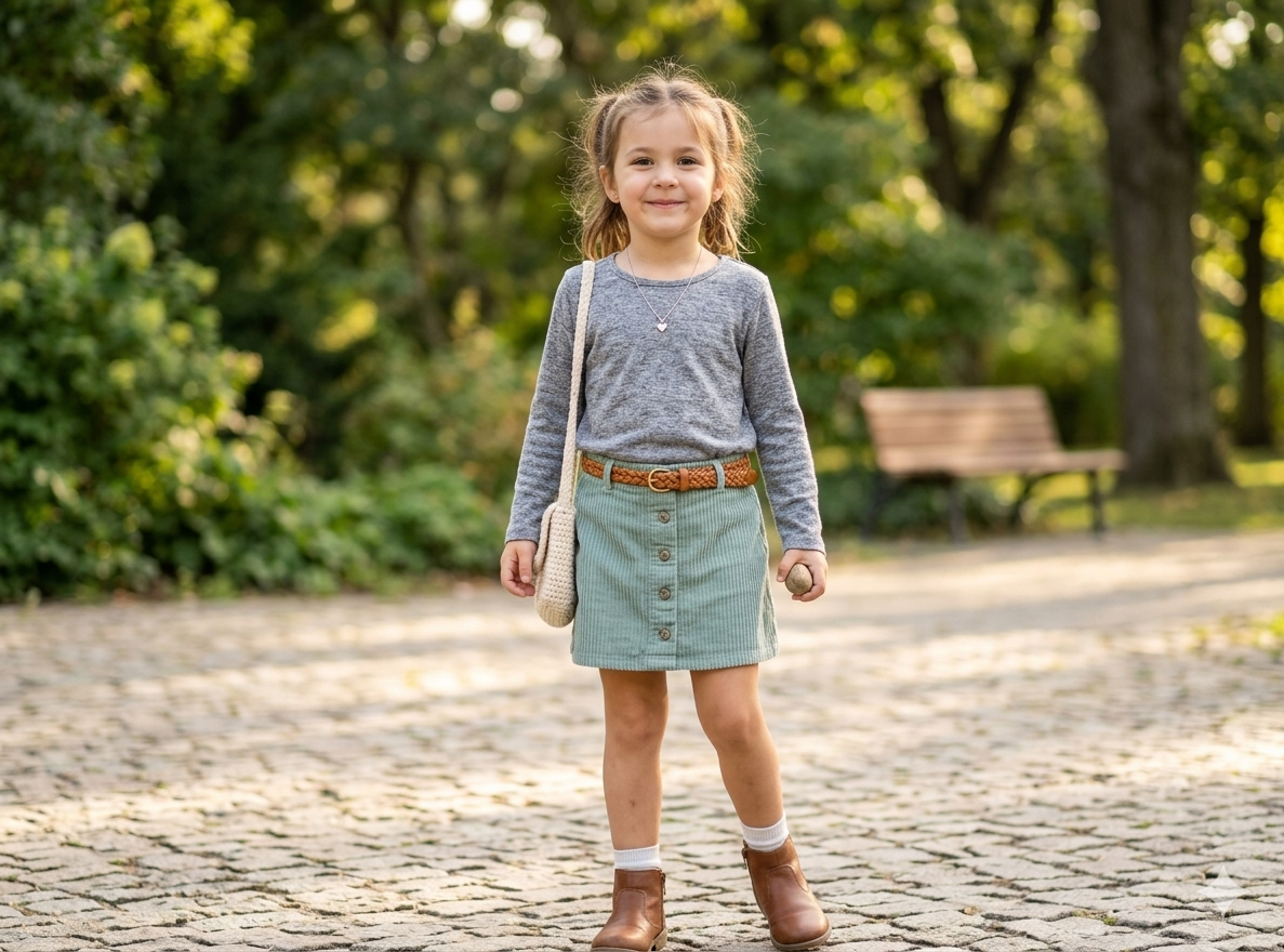 Falda de pana (cotele) verde con botones - miniatura 3