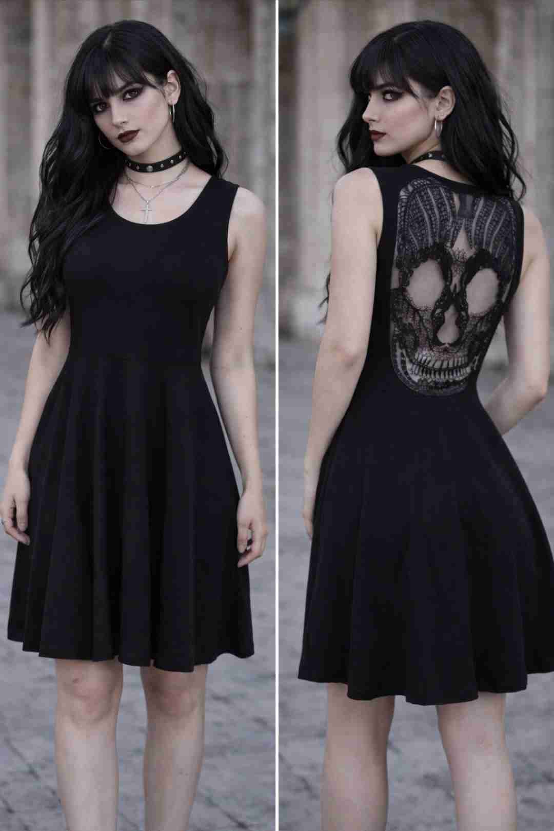 Vestido negro gótico con calavera en la espalda. - miniatura 3