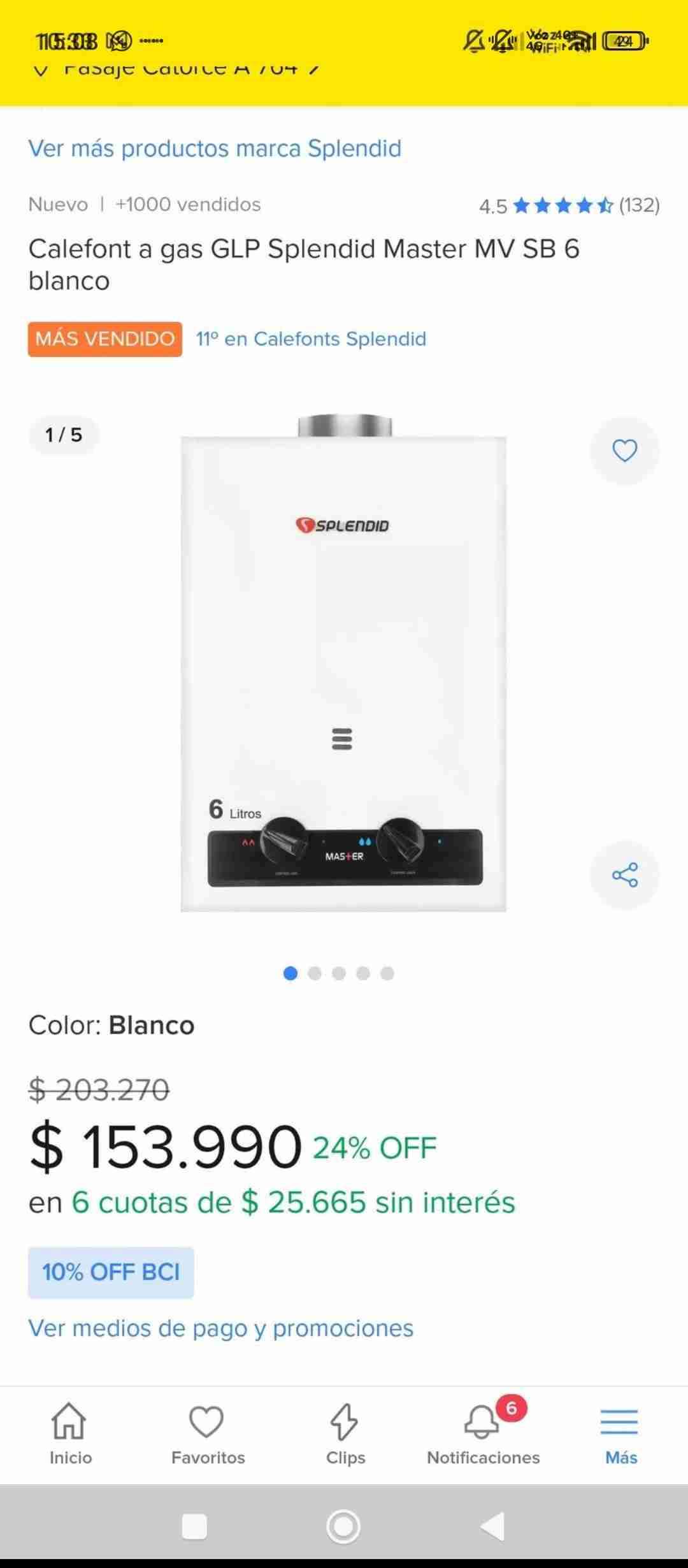 Calefont a gas GLP 6L blanco