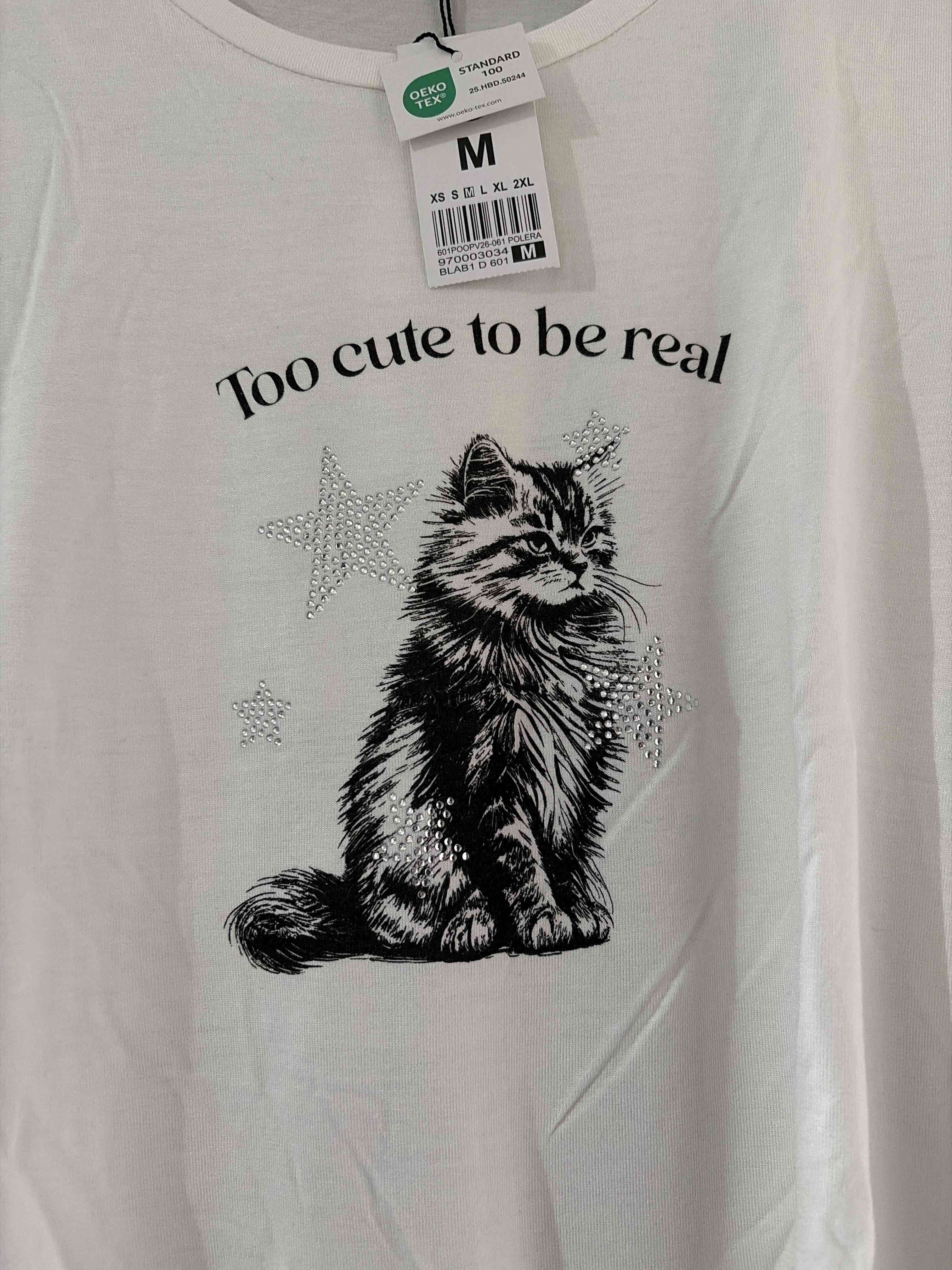 Polera blanca con estampado de gato talla M NUEVA - miniatura 2