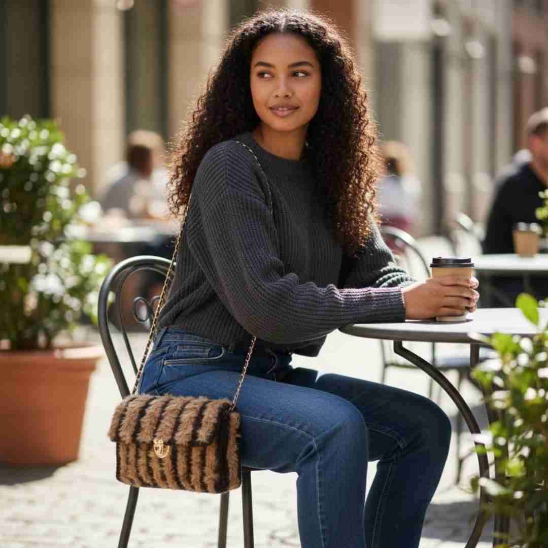 Cartera de lana tejida a mano marrón oscuro-claro - miniatura 3