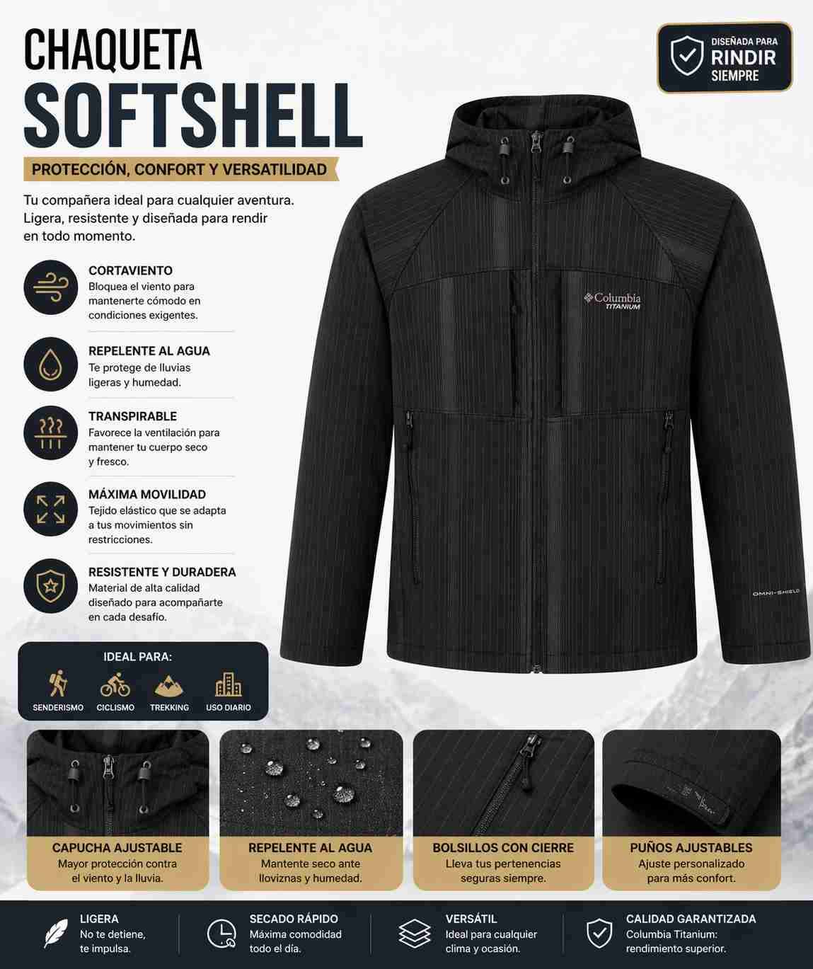 Chaqueta Softshell Columbia Negra y lineas cafe - miniatura 1