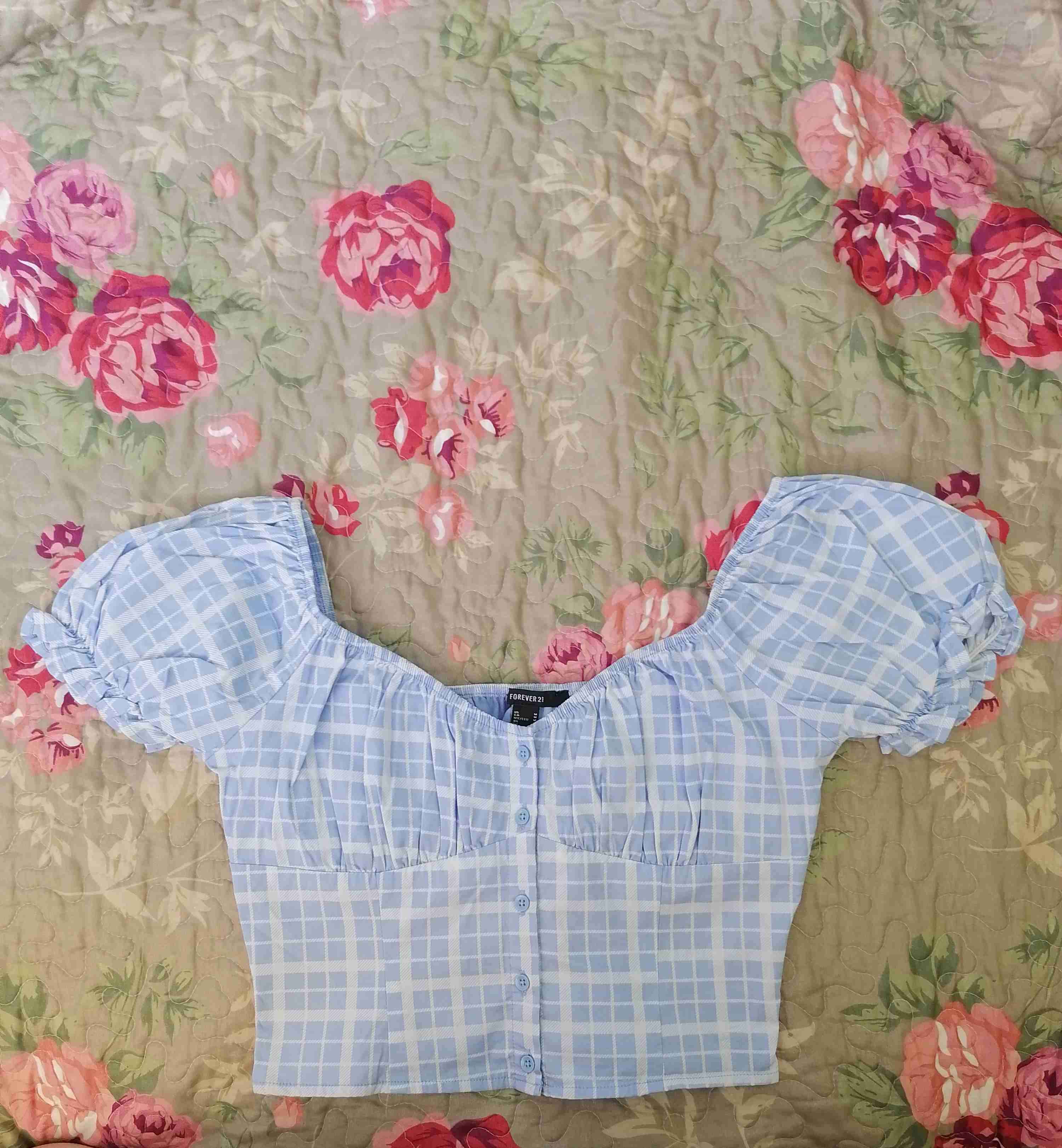 Blusa azul a cuadros con volantes - miniatura 1