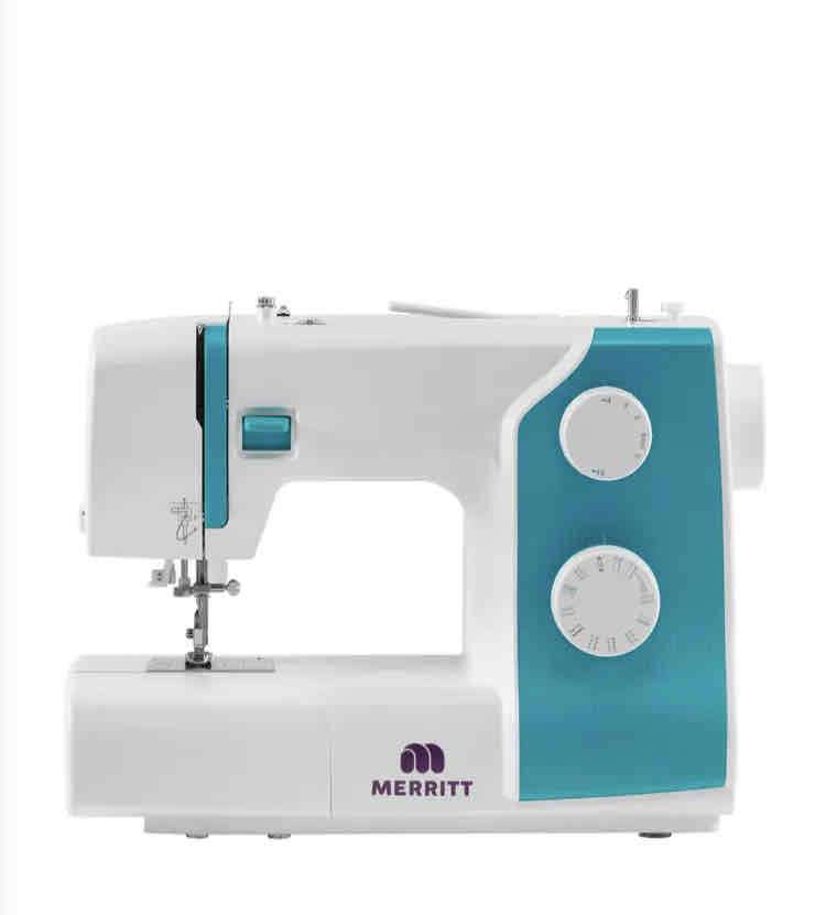 Máquina de coser Merritt azul y blanca