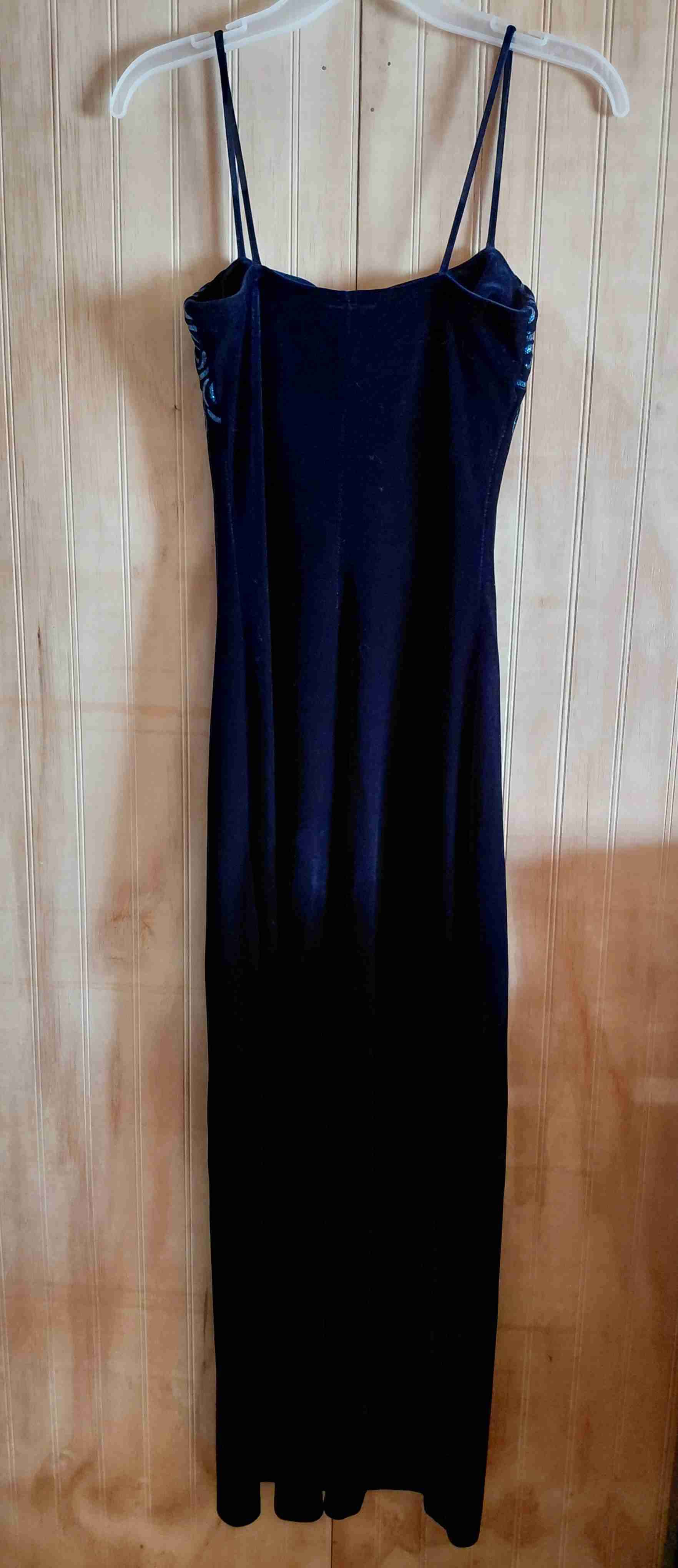 Vestido vintage largo azul marino de velour - miniatura 4