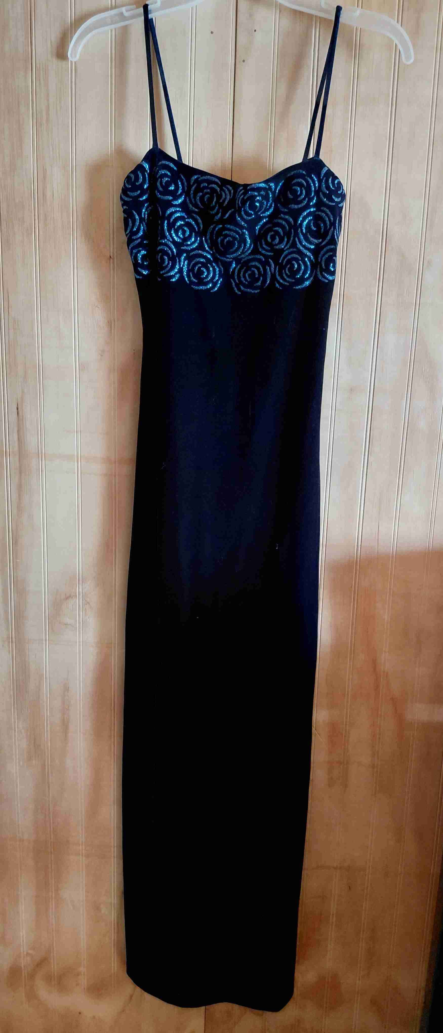 Vestido vintage largo azul marino de velour - miniatura 5